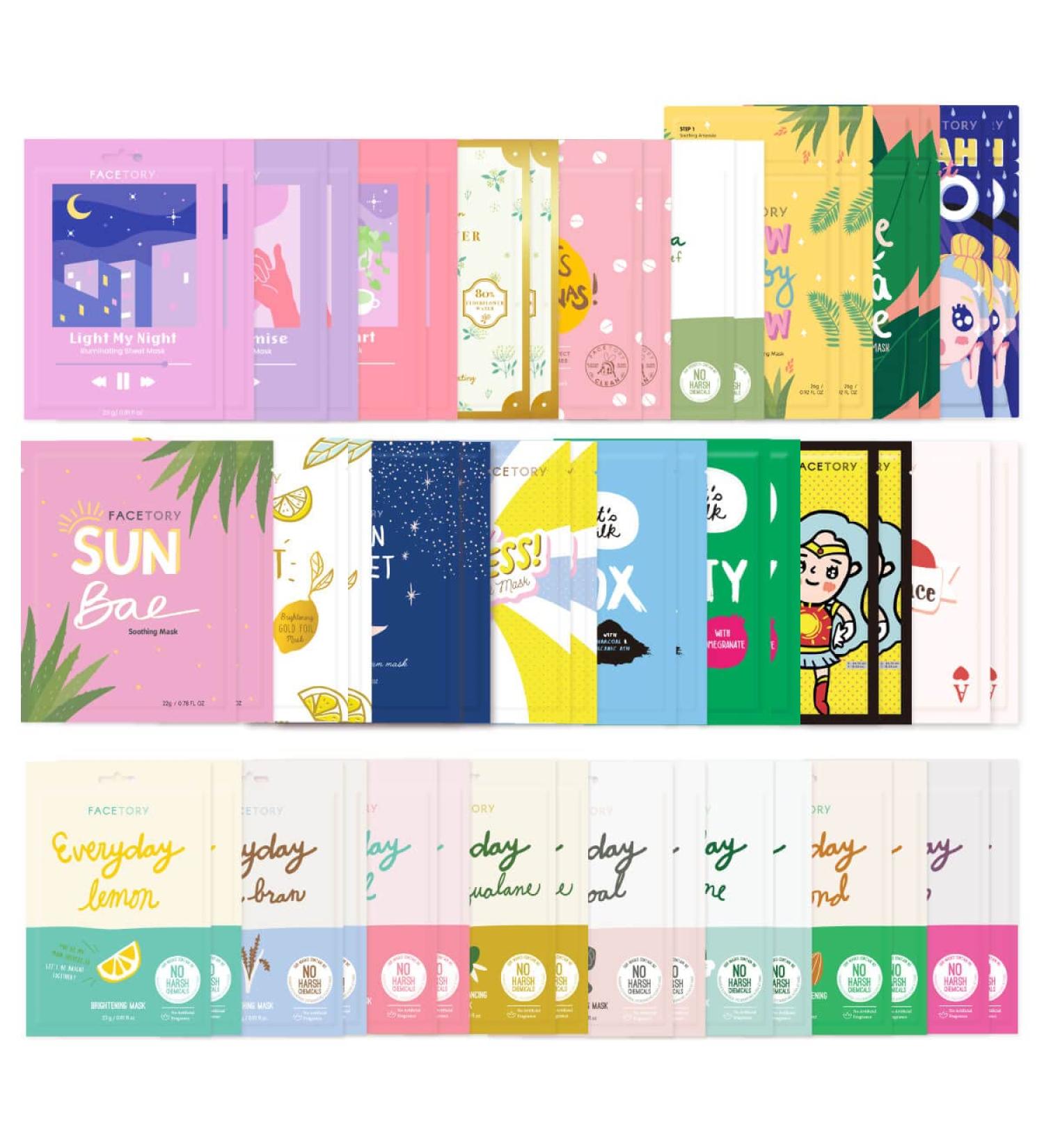 FaceTory 50 Pack Sheet Mask Collection - Hydrating Essence Masks for All Skin Types - Nourishing, Illuminating, Soothing, Refreshing - Variety Pack with Collagen, Cica, Niacinamide and More - Buy Online on GoSupps.com