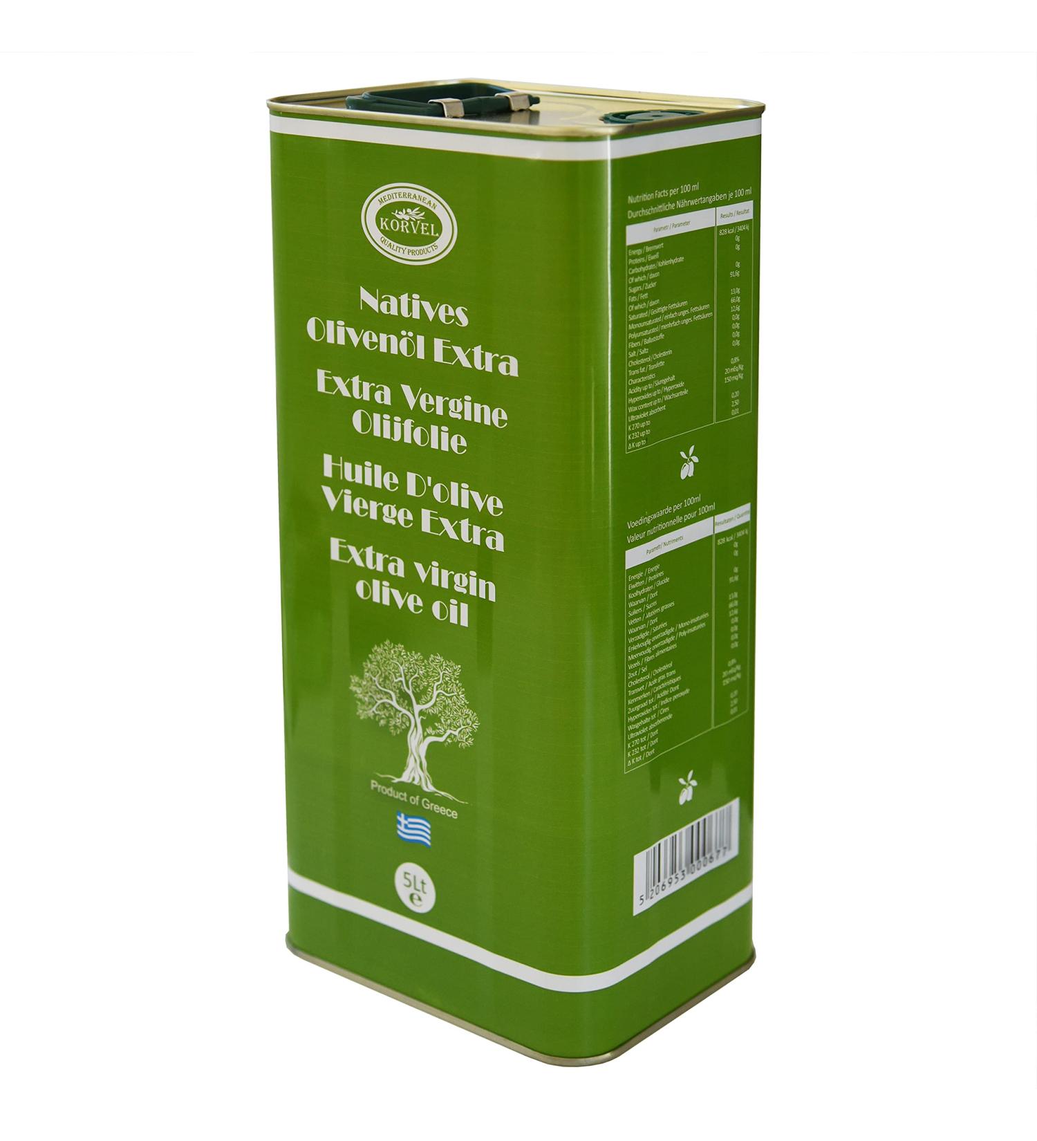 KORVEL Olive Oil - Premium Extra Virgin Olive Oil 5 liter - Fresh from the harvest - Cold pressed Olive oil 5l - Koroneiki Olives - Kalamata Region in Greece - Canister with spout - Buy Online on GoSupps.com