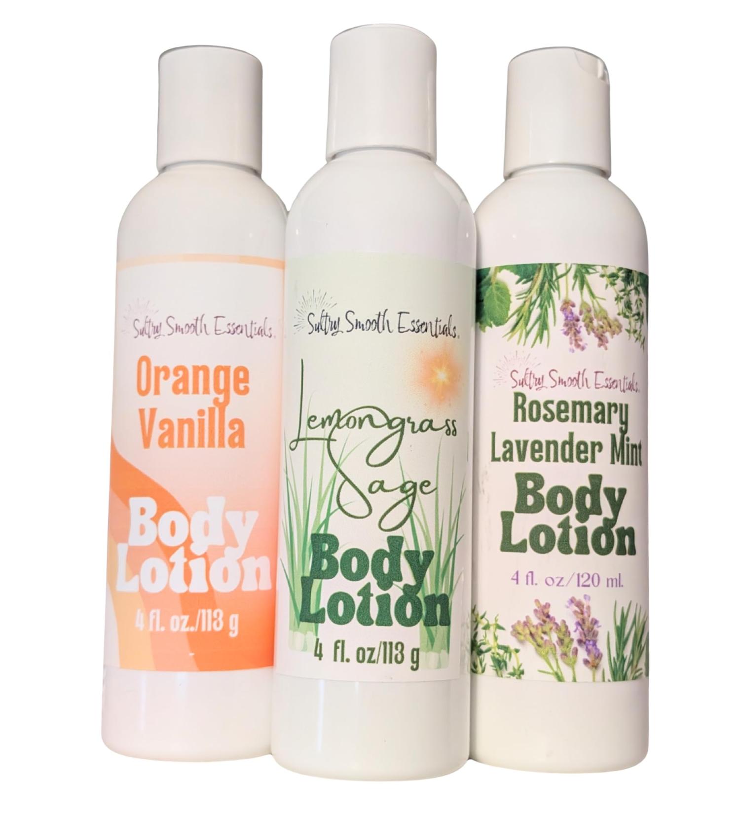 SultrySmooth Essentials Citrus Garden Moisturizer Collection - Orange Vanilla Lemongrass Sage Rosemary Lavender Mint (3 pack) made with Essential Oils (2 oz/60 g Travel)