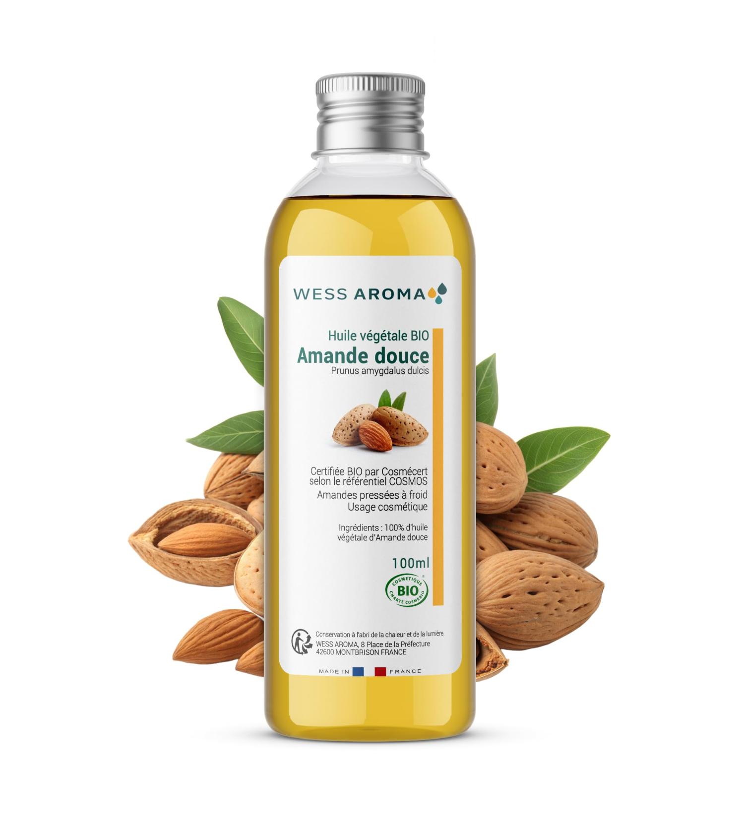 Huile V g tale BIO d'Amande douce 100ML - Hydrate la peau et redonne de l' clat aux cheveux - Certifi e COSMOS - Sans Conservateur - Pratiques agricoles durables - Entreprise Fran aise Amande douce 100 ml (Lot de 1)