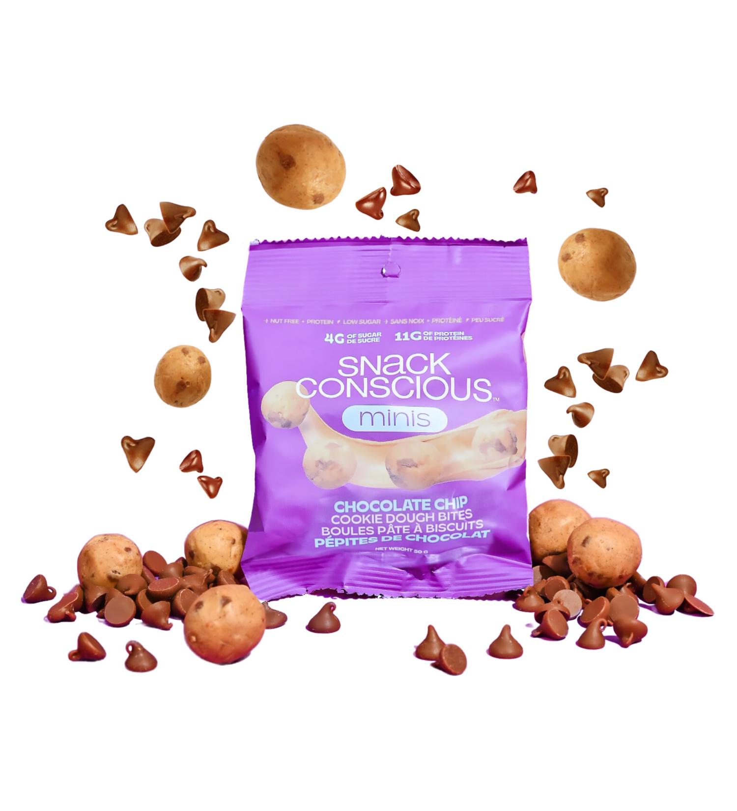 SNACK CONSCIOUS Nut Free Mini Cookie Dough Bites 12 x 50g High Protein Low Sugar Chocolate Chip School Safe Plant Based Gluten Free Vegan Non-GMO Made in Canada (12 x 50g Chocolate Chip) Chocolate Chip 12 x 50g - Buy Online on GoSupps.com