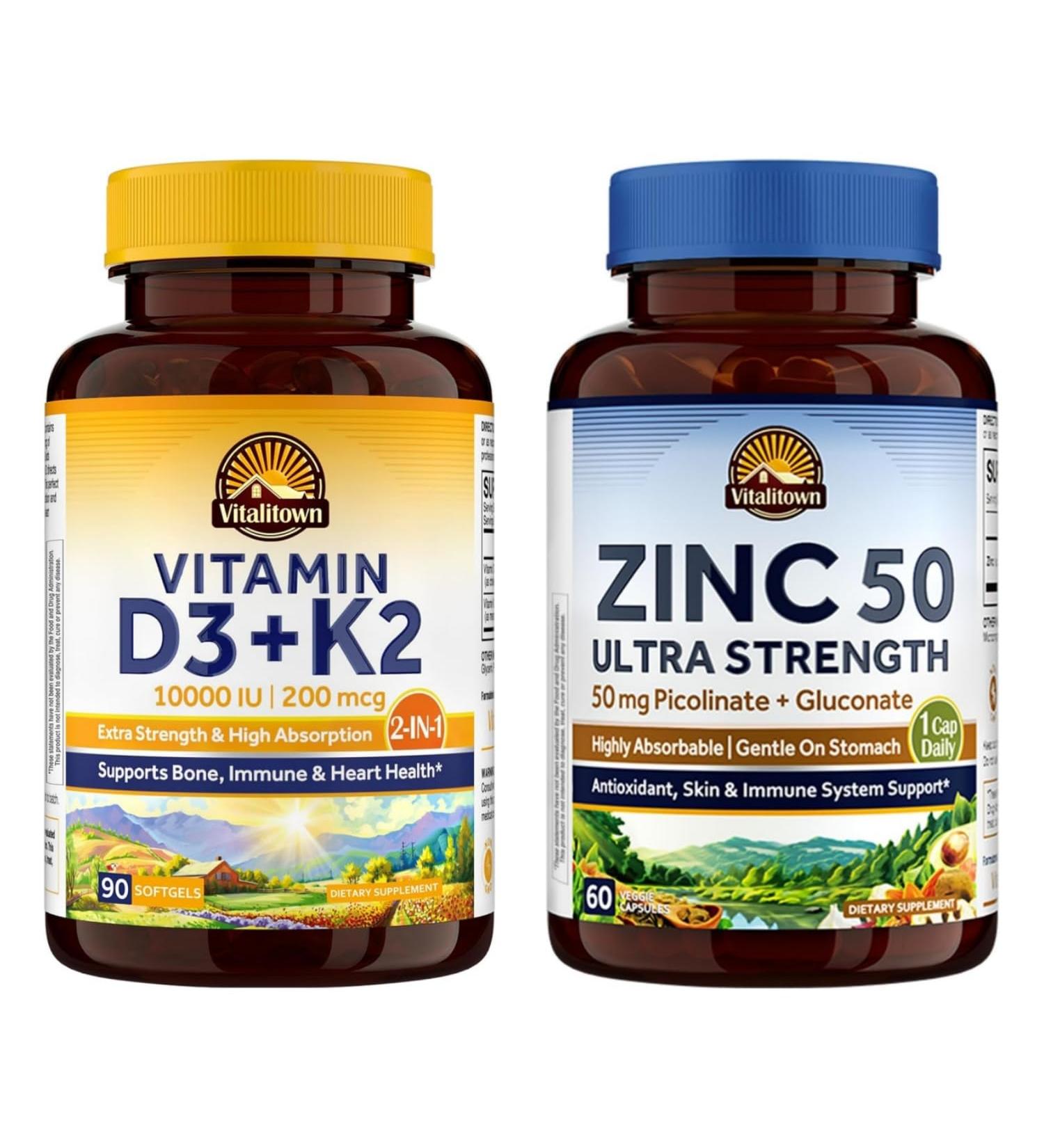 Vitalitown Vitamin D3 K2 + Zinc Supplement Bundle (Pack of 2) | D3 10 000 IU with K2 MK7 (Item 1) & Chelated Zinc 50 mg Supplement (Item 2) | 90 Softgels + 60 Veggie Capsules - Buy Online on GoSupps.com