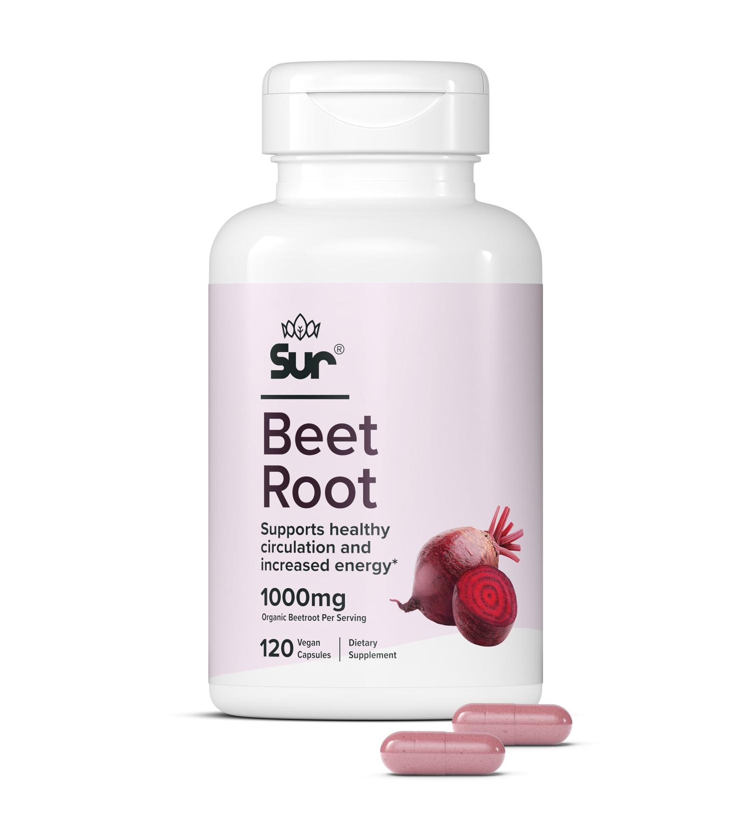 Sur Organic Beet Root Capsules 1000mg - Supports Healthy Circulation and Increased Energy - Nitric Oxide Superfood (120 Capsules) - Buy Online on GoSupps.com