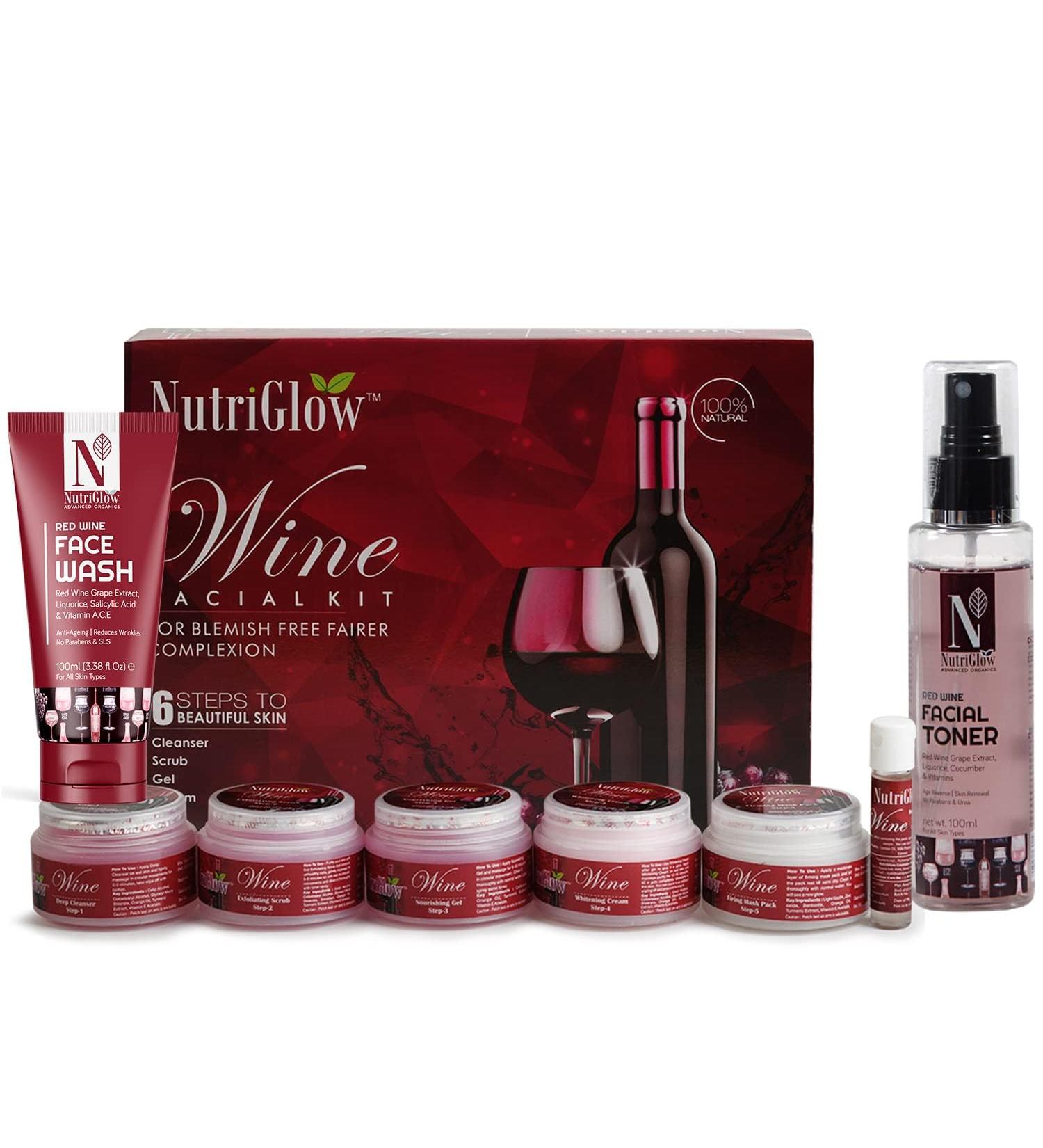 Premium Wine Facial Kit for Oily Skin Anti-Aging & Acne Treatment | 250g + 10ml | Includes Red Wine Face Wash & Toner | Sulphate Free - Buy Online on GoSupps.com