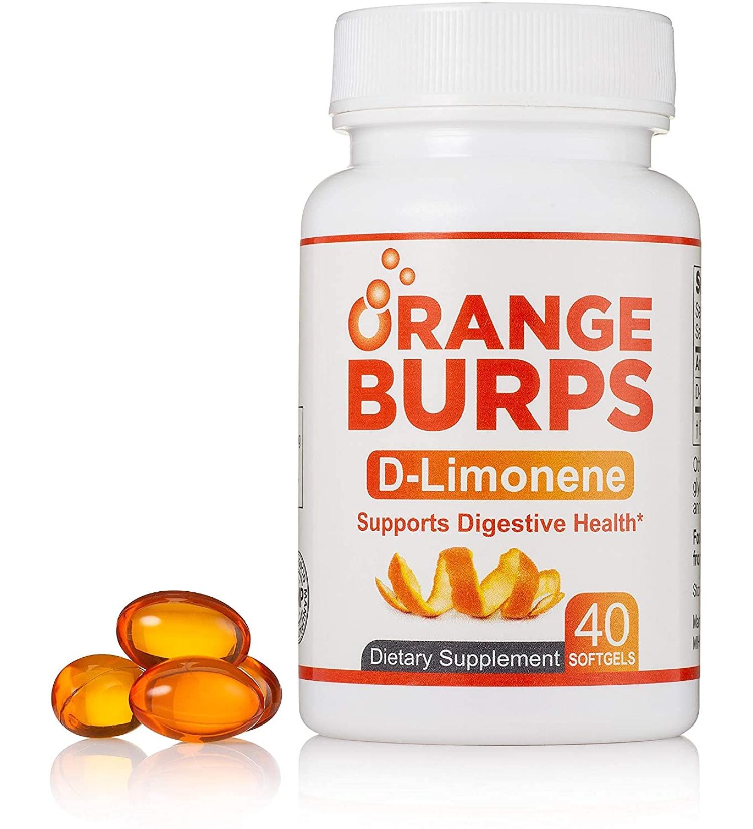 Orange Burps D-Limonene Softgels | Digestive Health Supplement | Non-Harmful Acid Reflux Relief | 500mg Easy-to-swallow Capsules | Gluten-Free - 40 Count - Buy Online on GoSupps.com
