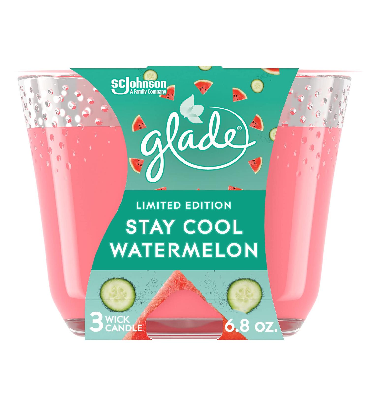 Glade Candle Stay Cool Watermelon Fragrance Candle Infused with Essential Oils Air Freshener Candle 3-Wick Candle 6.8oz