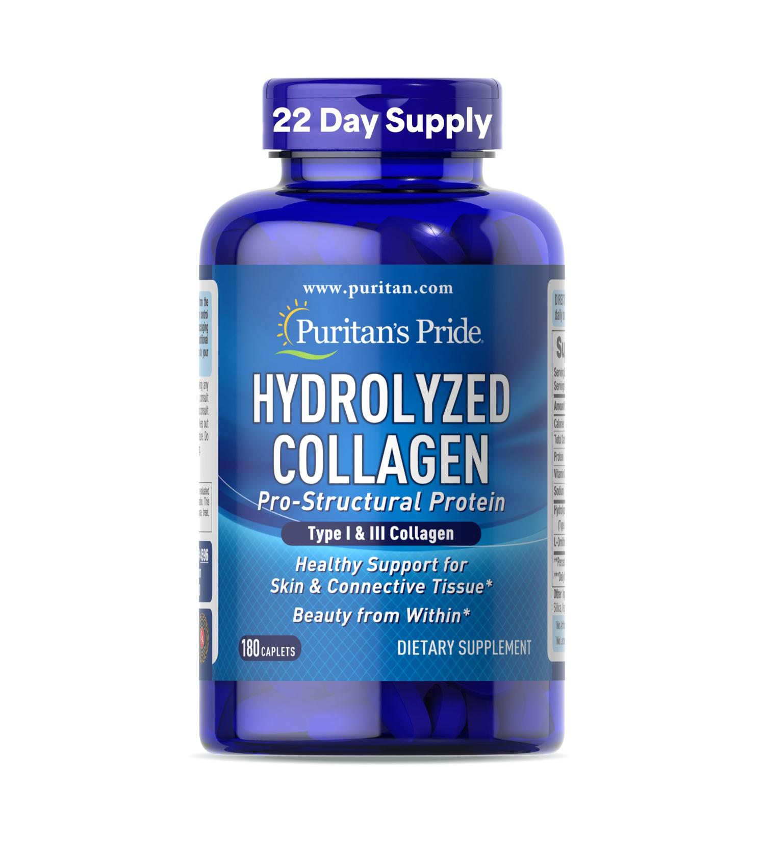 Puritan's Pride Hydrolyzed Collagen Pro-Structural Protein for Men and Women 1000mg Dietary Supplement for Skin Bones and Joints 180 Caplets 180 Count (Pack of 1) - Buy Online on GoSupps.com