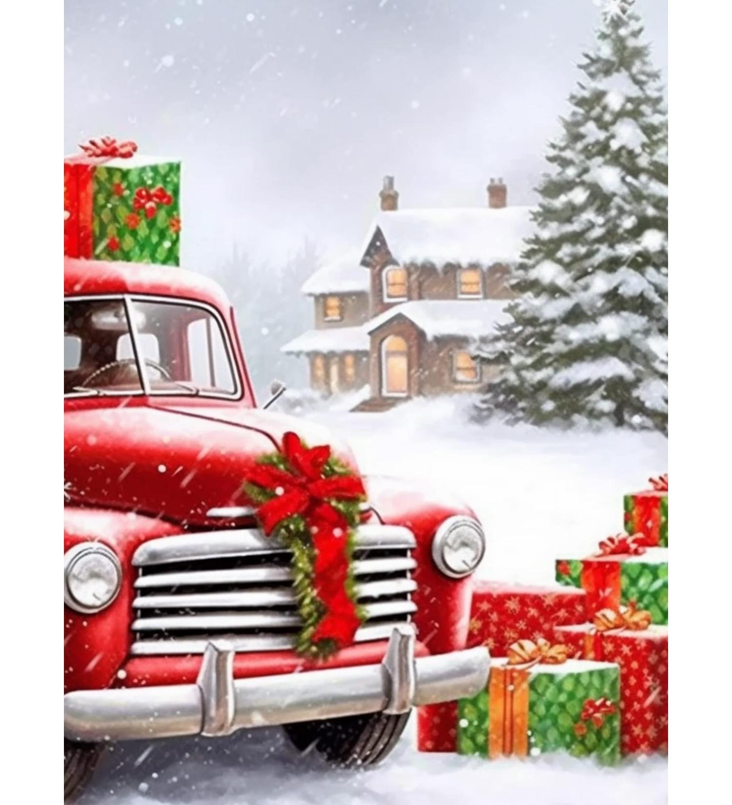 Jungobiu Christmas Red Truck 5D Diamond Painting Kit - DIY Full Round Drill Crystal Rhinestone Art for Home Office Wall Decoration - 12x16inch - Buy Online on GoSupps.com