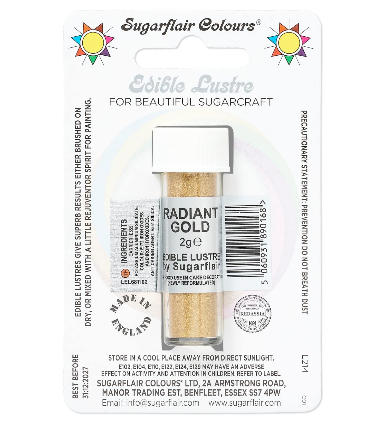 Sugarflair Radiant Gold Edible Lustre Dust (E171 Free) Add a Lustrous Shine to Cakes or Decorations. Brush On or Add Rejuvenator to Create Eye-Catching Edible Paint- 2g