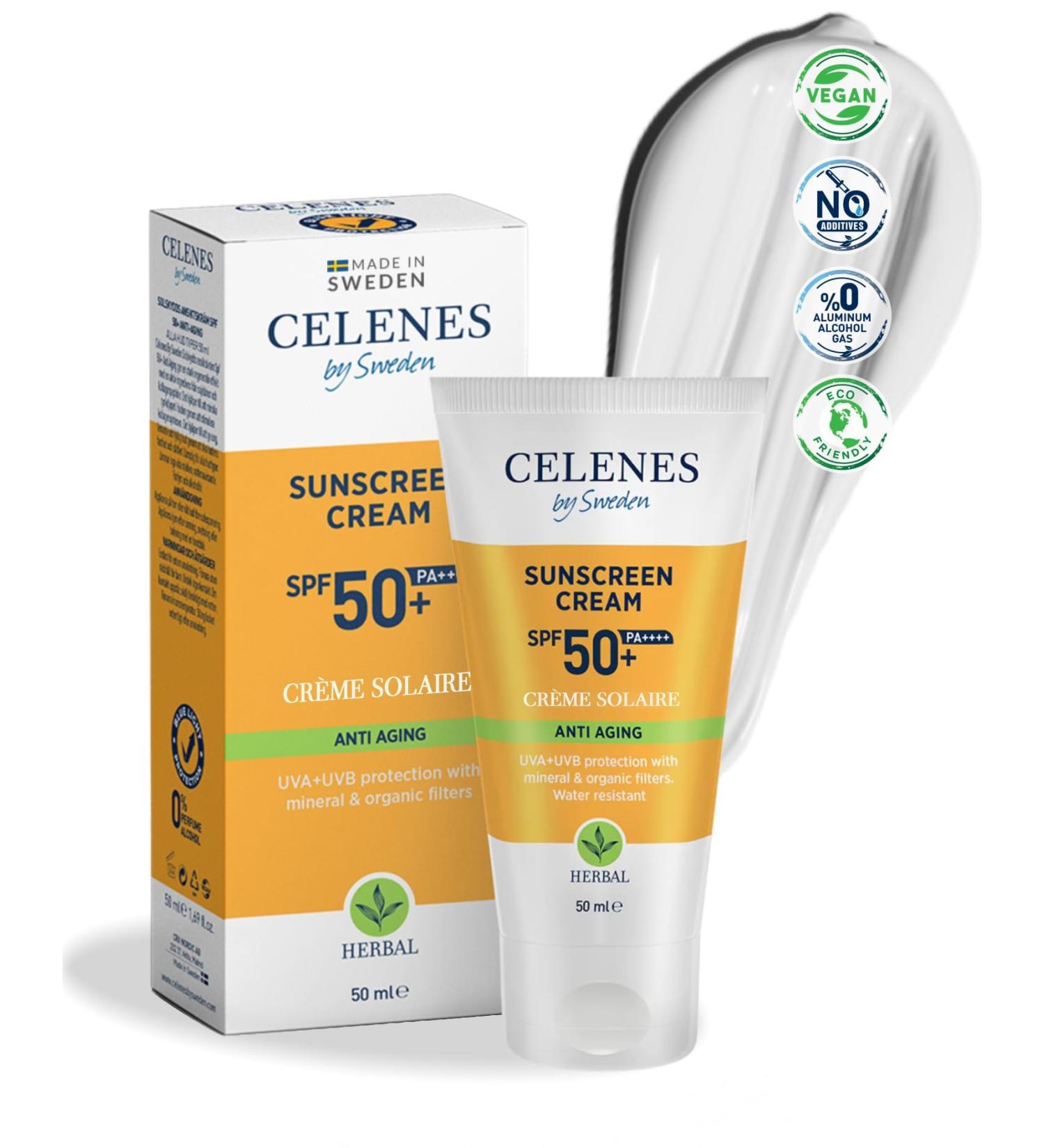 CRX NORDIC AB Celenes by Sweden Herbal Sunscreen SPF50+ AntiAging Avocado Oil & Vitamin E Water Resistant Mineral & Organic Sun Filters No White Residue Paraben & Fragrance Free 50ml - Buy Online on GoSupps.com