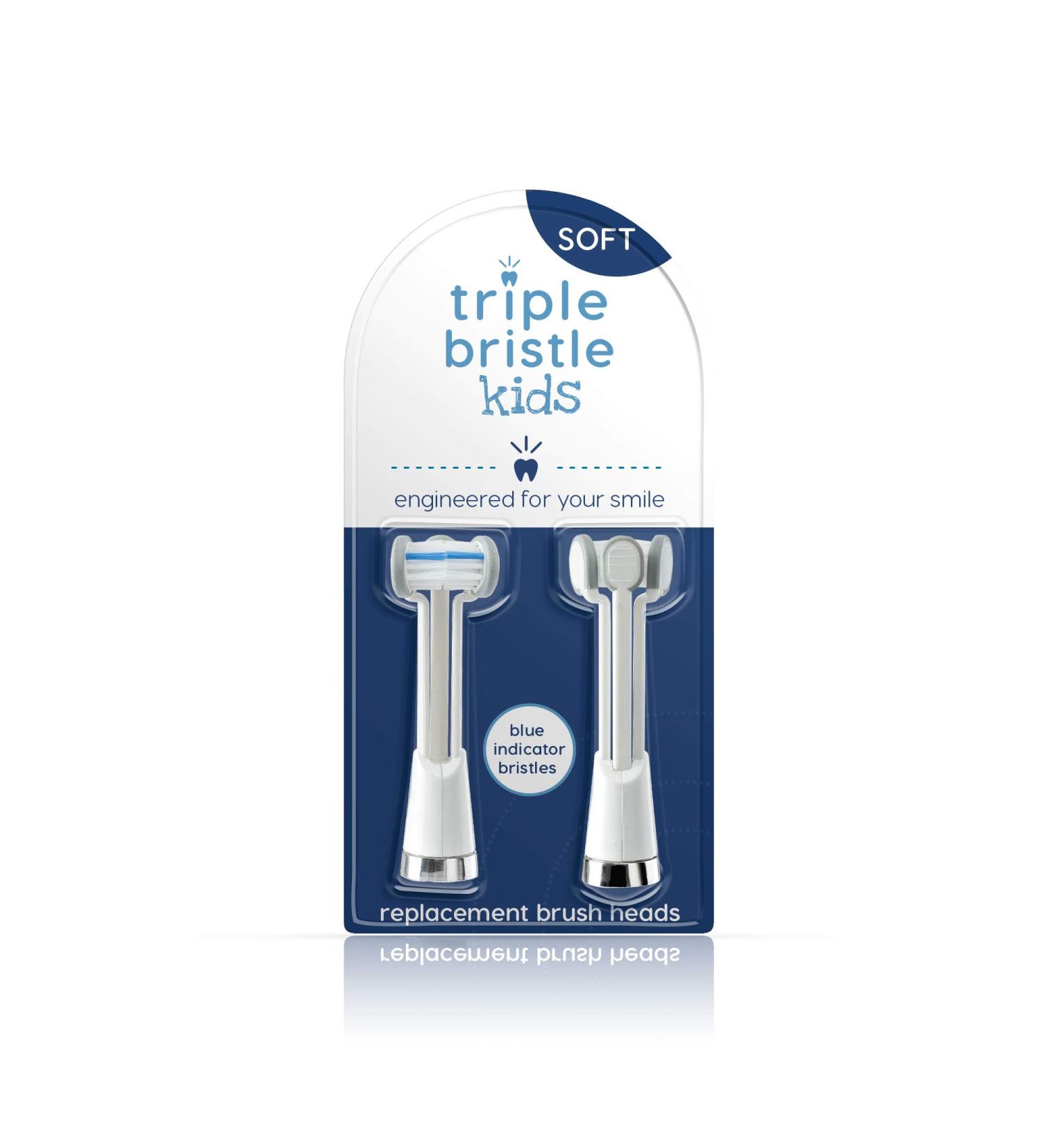 Triple Bristle Kids Sonic Toothbrush Replacement Heads - Patented 3 Brush Design - Angled Bristles - Safe on Braces - 2 Pack - Buy Online on GoSupps.com