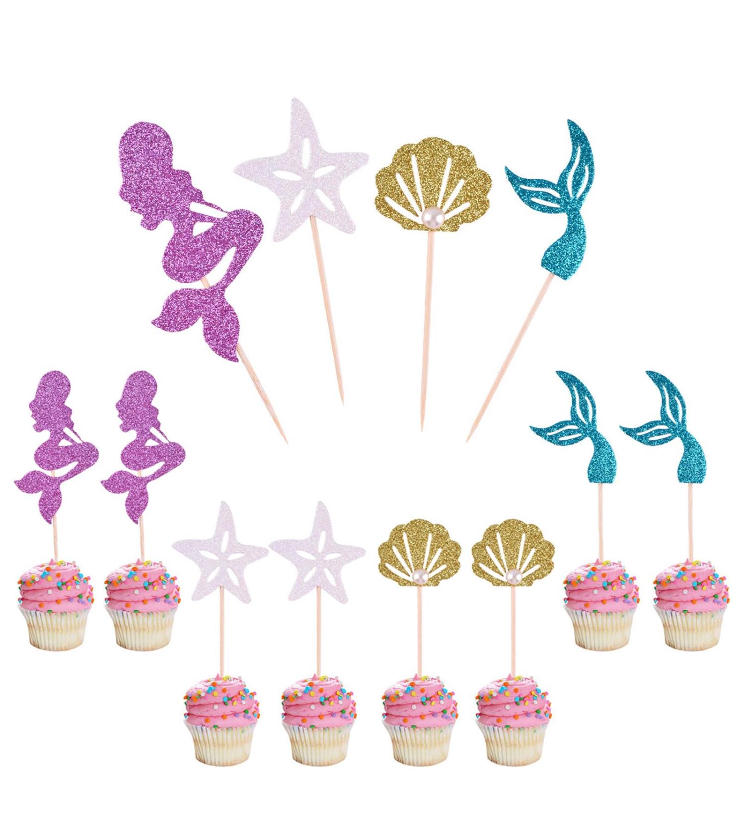 24pcs Mermaid Cupcake Toppers Cake Decoration Paper Cupcake Topper DIY Mermaid-01 - Buy Online on GoSupps.com