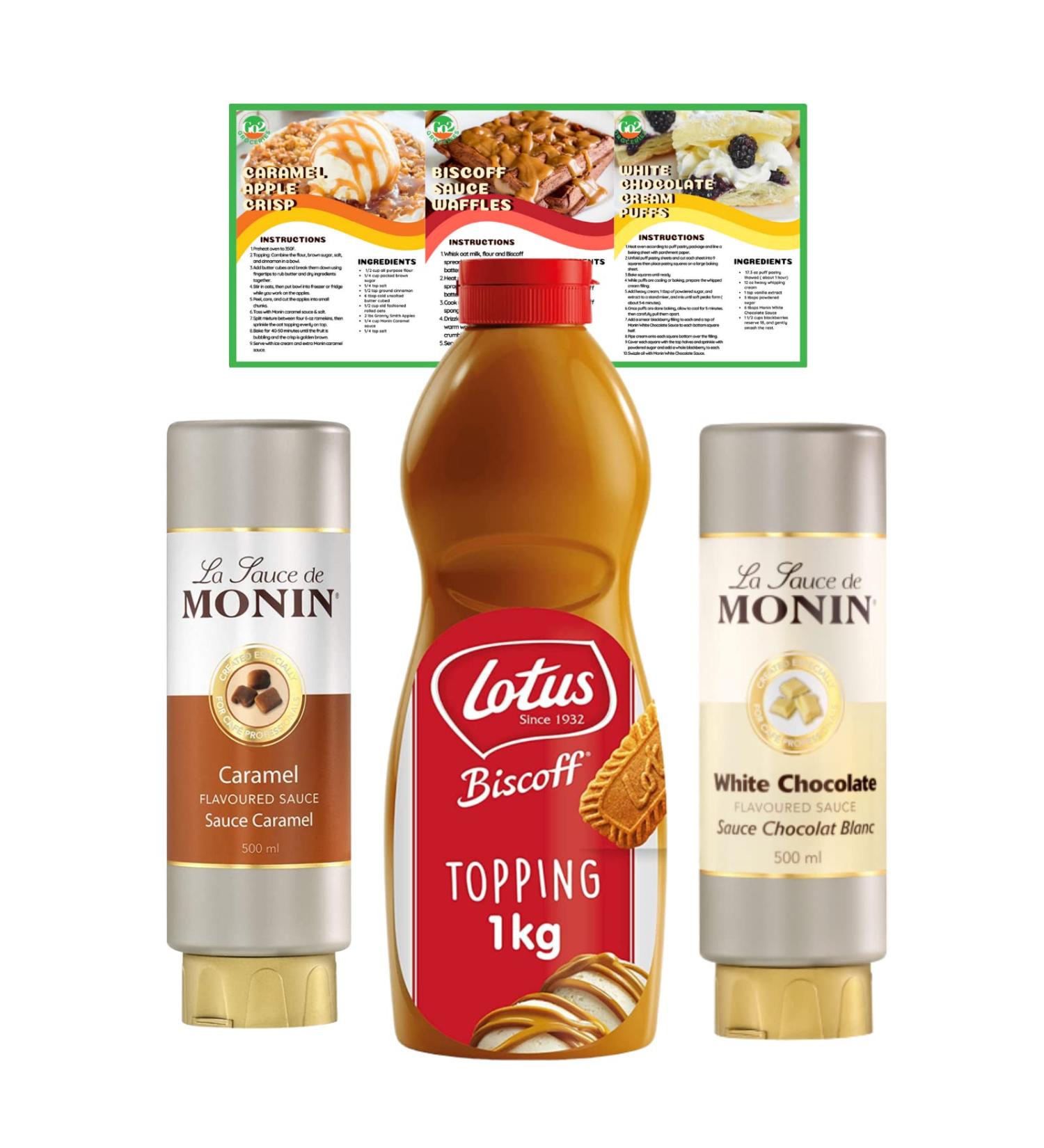Go2 Groceries Bundle: Flavoured Dessert Sauces - Biscoff, Caramel & White Chocolate (1 kg, 500 ml) with Recipe Cards - Buy Online on GoSupps.com