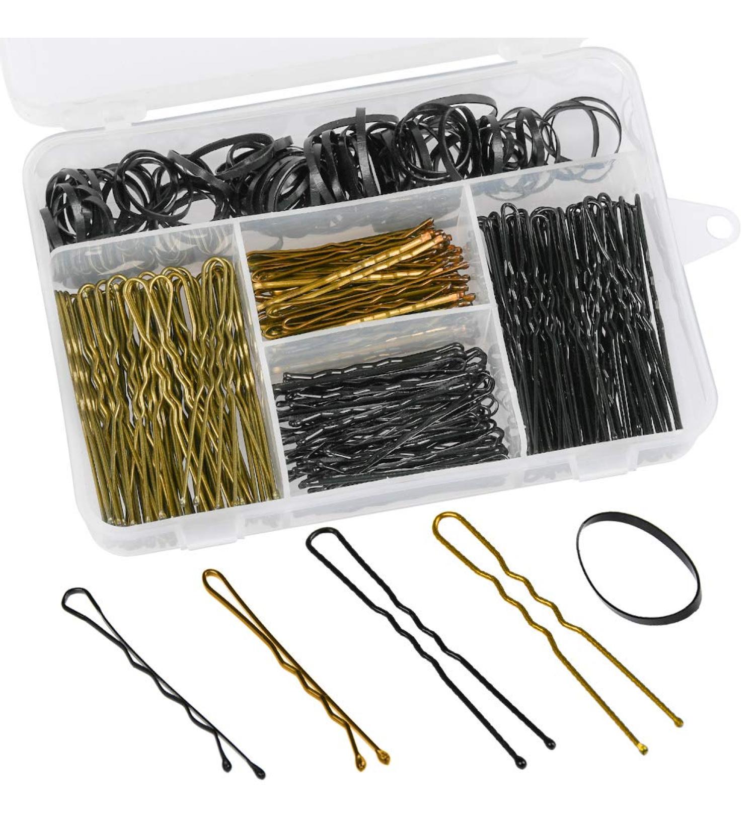 FOCCTS 300pcs Hair Clips Set with U Hair Pins & 100pcs Hair Ties - Elegant Gold & Black Storage Box for Girls & Women - Buy Online on GoSupps.com