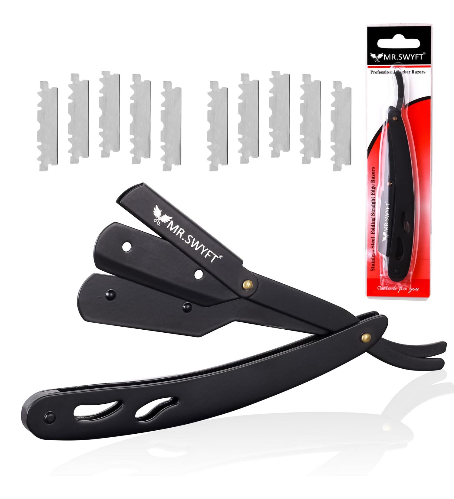 Professional Stainless Steel Straight Razor with 10 Blades - Durable Barbers Cut Throat Razor for Men | Perfect for Beard Shaping & Moustache Trimming - Reusable & Ergonomic Design - Buy Online on GoSupps.com