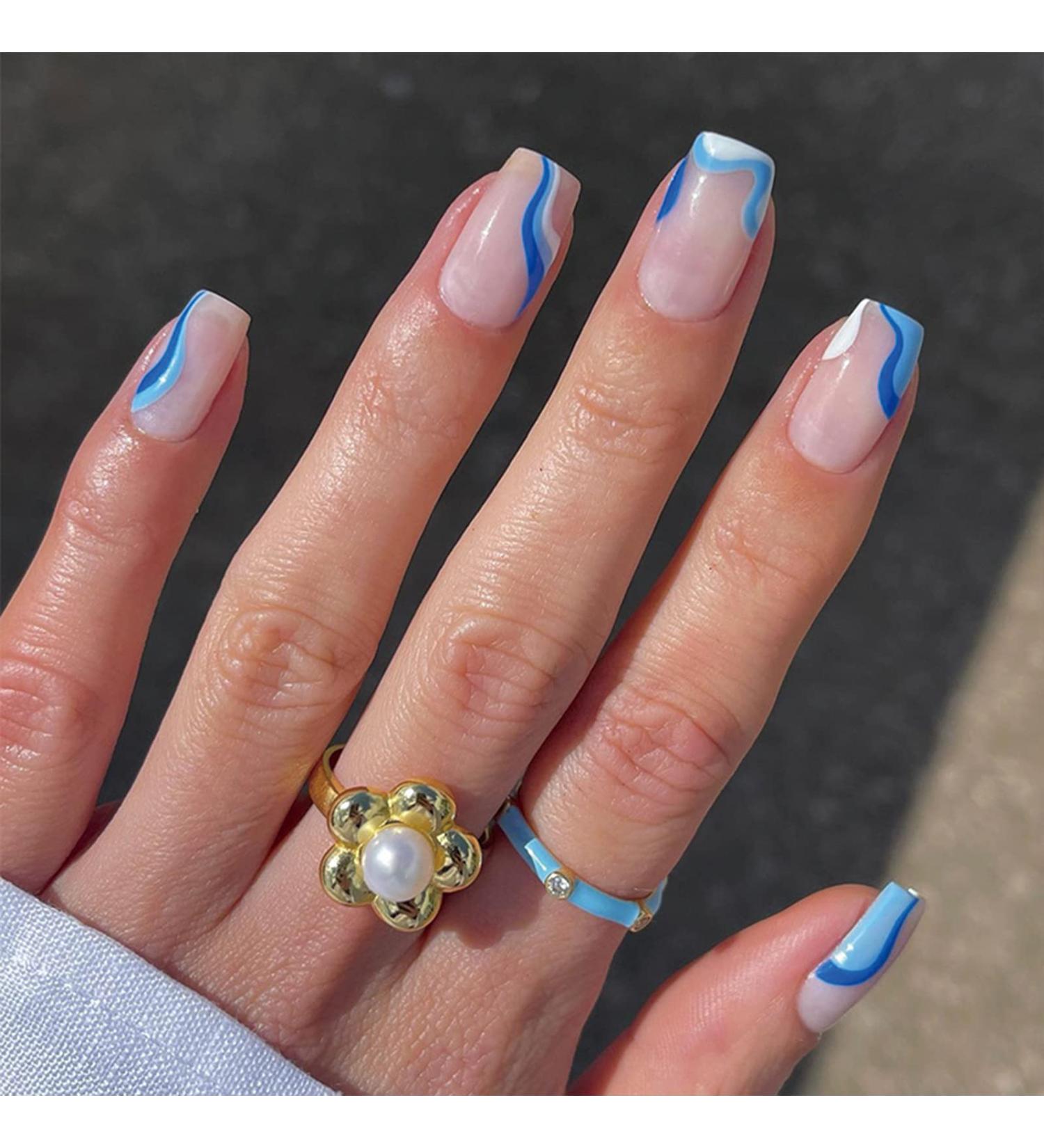 24pcs Short Almond Square French False Nails with Glue - Blue Stripe | Full Cover Acrylic Press On Nails for Women and Girls - Buy Online on GoSupps.com