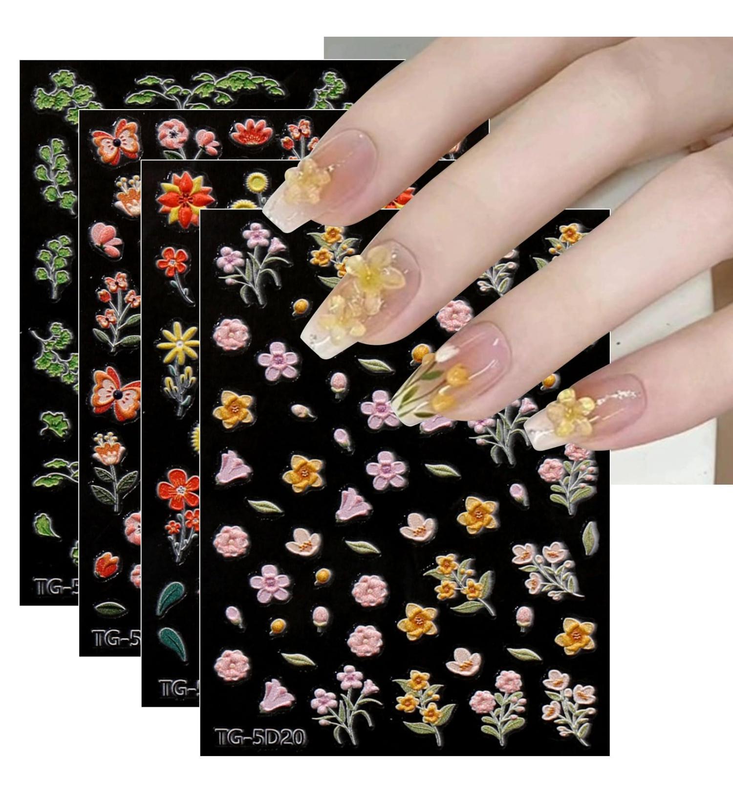 JMEOWIO 3D Embossed Flower Nail Art Stickers Decals Self-Adhesive 5D Colorful Floral Spring Summer Nail Supplies Nail Art Design Decoration Accessories 4 Sheets - Buy Online on GoSupps.com