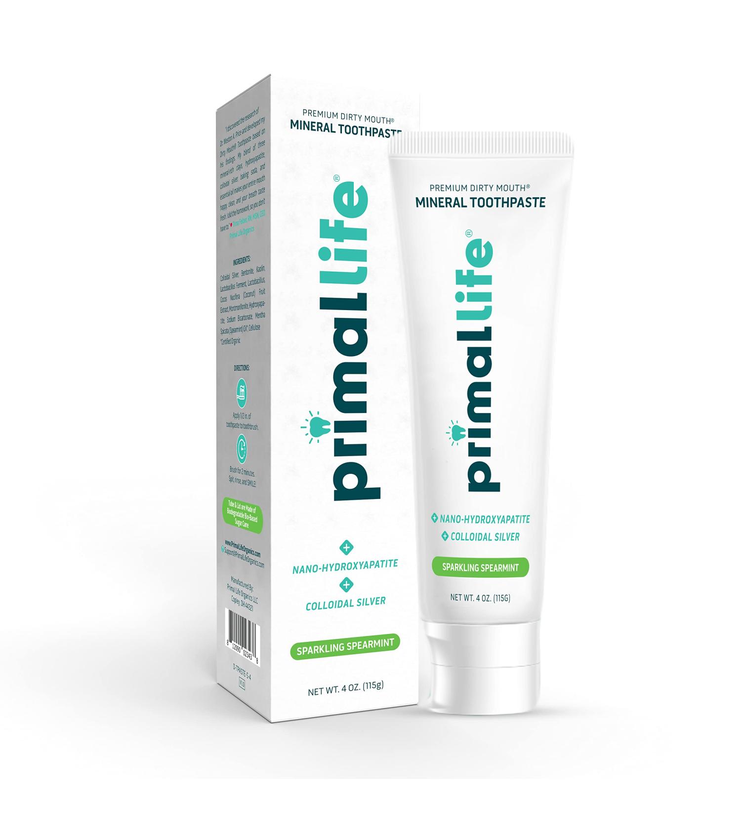 Primal Life Organics Dirty Mouth Mineral Toothpaste - Nano-Hydroxyapatite Colloidal Silver Charcoal - Organic Whitening (Spearmint 4 Oz) | Shop Internationally - Buy Online on GoSupps.com