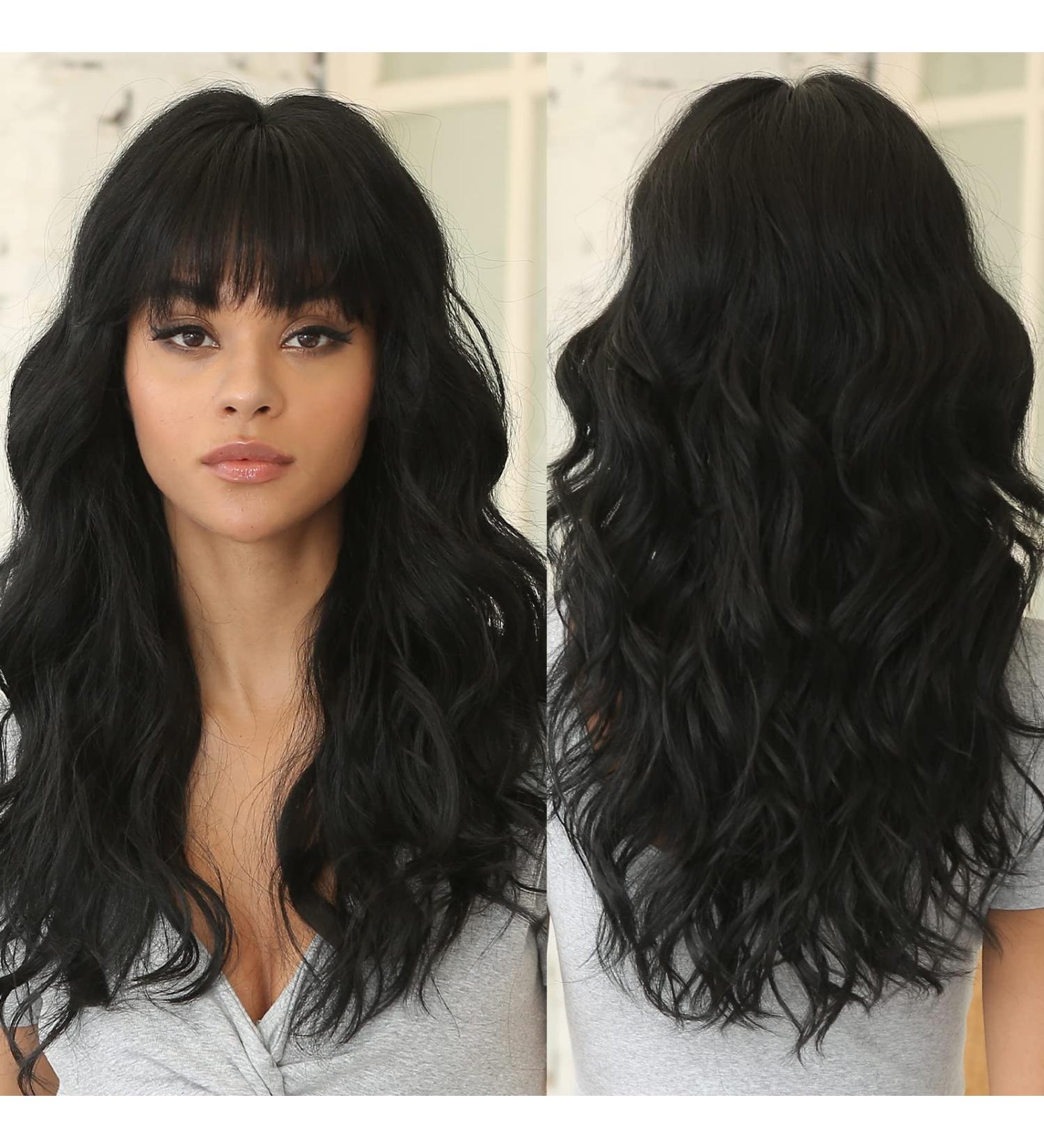 HAIRCUBE Long Black Synthetic Wavy Hair Wig with Neat Fringe for Women - Daily Black Hairstyle - Buy Online on GoSupps.com