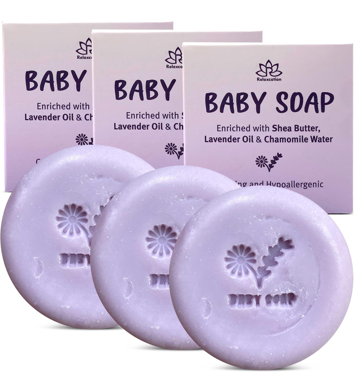 Relaxcation Baby Soap Bar with Lavender Essential Oils, Chamomile Water, Shea Butter - 3-Pack, Cold Processed in USA - Organic Gift for Newborns, Babies, Kids, and Adults - Buy Online on GoSupps.com