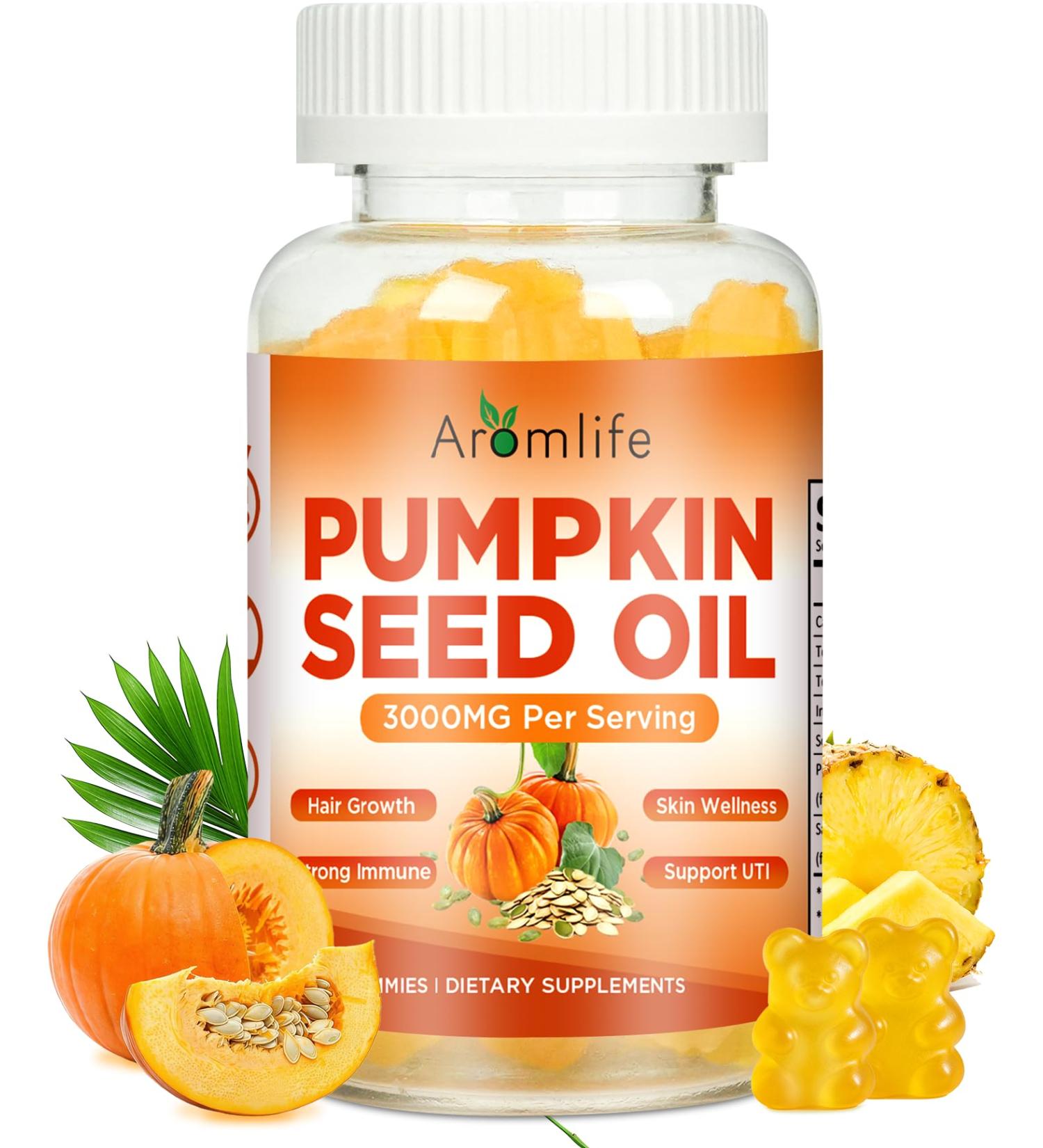 Aromlife Pumpkin Seed Oil Gummies for Hair Skin Wellness 3000mg Per Serving Pumpkin Seed Gummies with Saw Palmetto for Urinary Tract Wellness 60 Count Sugar Free Saw Palmetto Gummy Pineapple Flavor - Buy Online on GoSupps.com