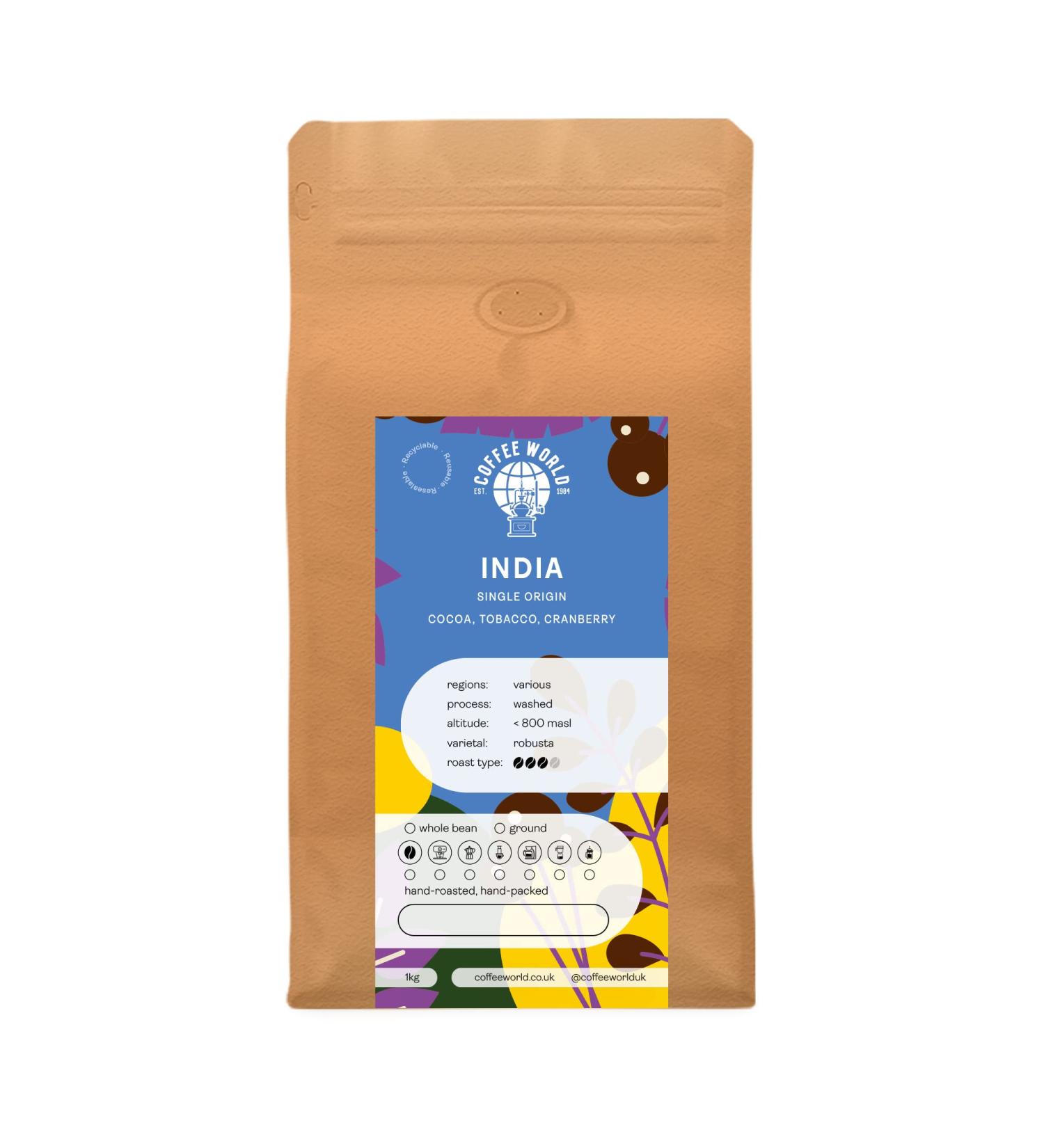 Coffee World | India Single Origin UK Roasted Whole Coffee Beans - Perfect Brewing for Caf s Businesses Shops & Home Users (Coffee Beans 1KG)