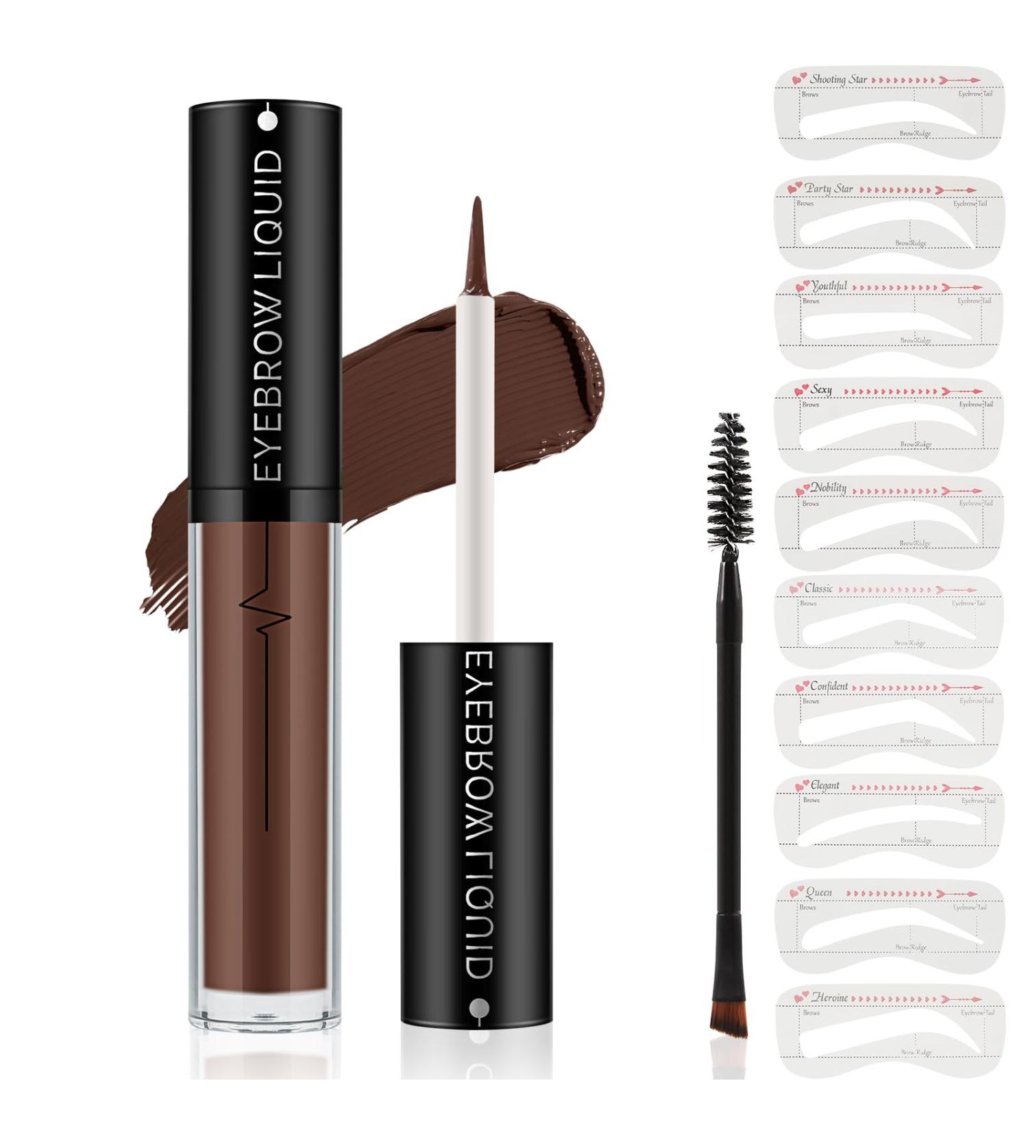 Waterproof Eyebrow Gel & Liquid Brow Stick | 24-Hour Wear Quick Drying 10 Stencils Included - Dark Brown #004 - Buy Online on GoSupps.com