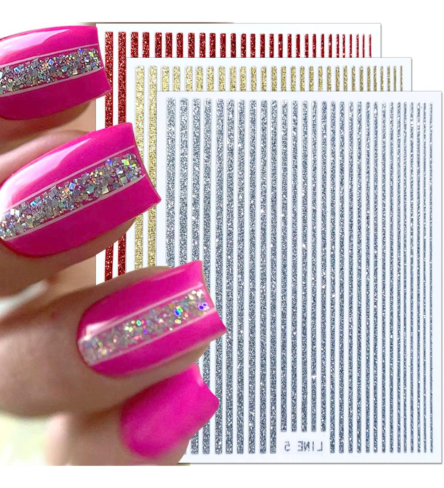 3D Glitter Lines Nail Stickers | Holographic Geometric Nail Art Decals | Self-Adhesive Metal Stripe Nail Supplies for DIY | 6 Colors Set for Women - Buy Online on GoSupps.com