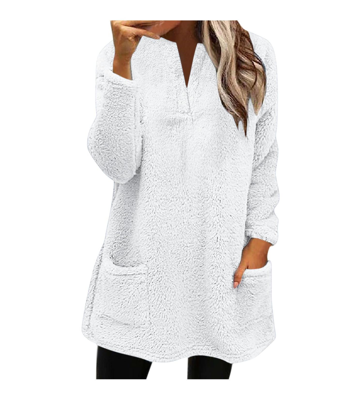 AMhomely Women's Plus Size Teddy Fleece Hoodie - Double Fleece Casual Pullover with Pocket | V-Neck Sweatshirt for Winter | Lightweight Lounge Top - White, Size M - Buy Online on GoSupps.com