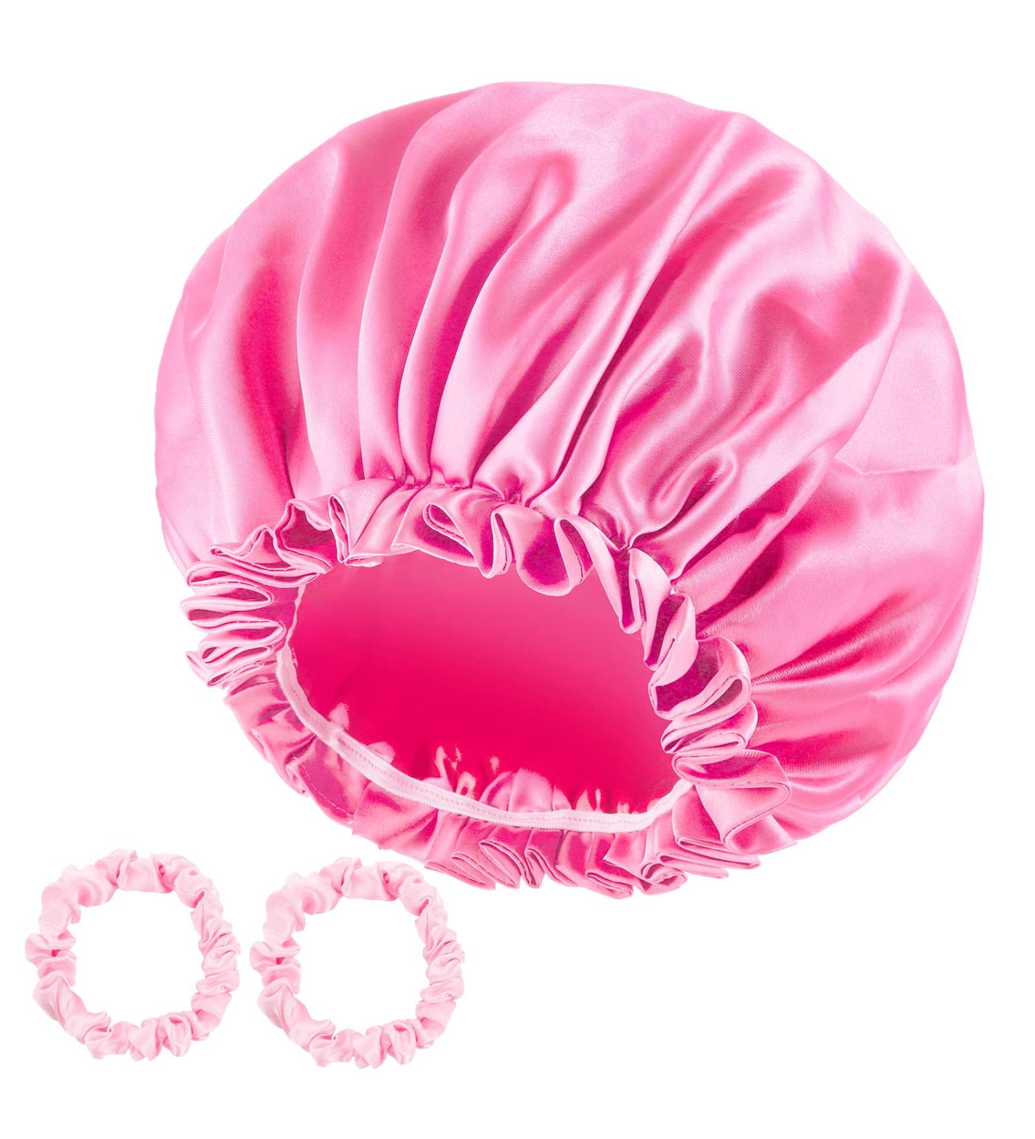 Satin Double Layer Hair Bonnet Silk Cap for Sleeping with Satin Scrunchies - Pink - Buy Online on GoSupps.com