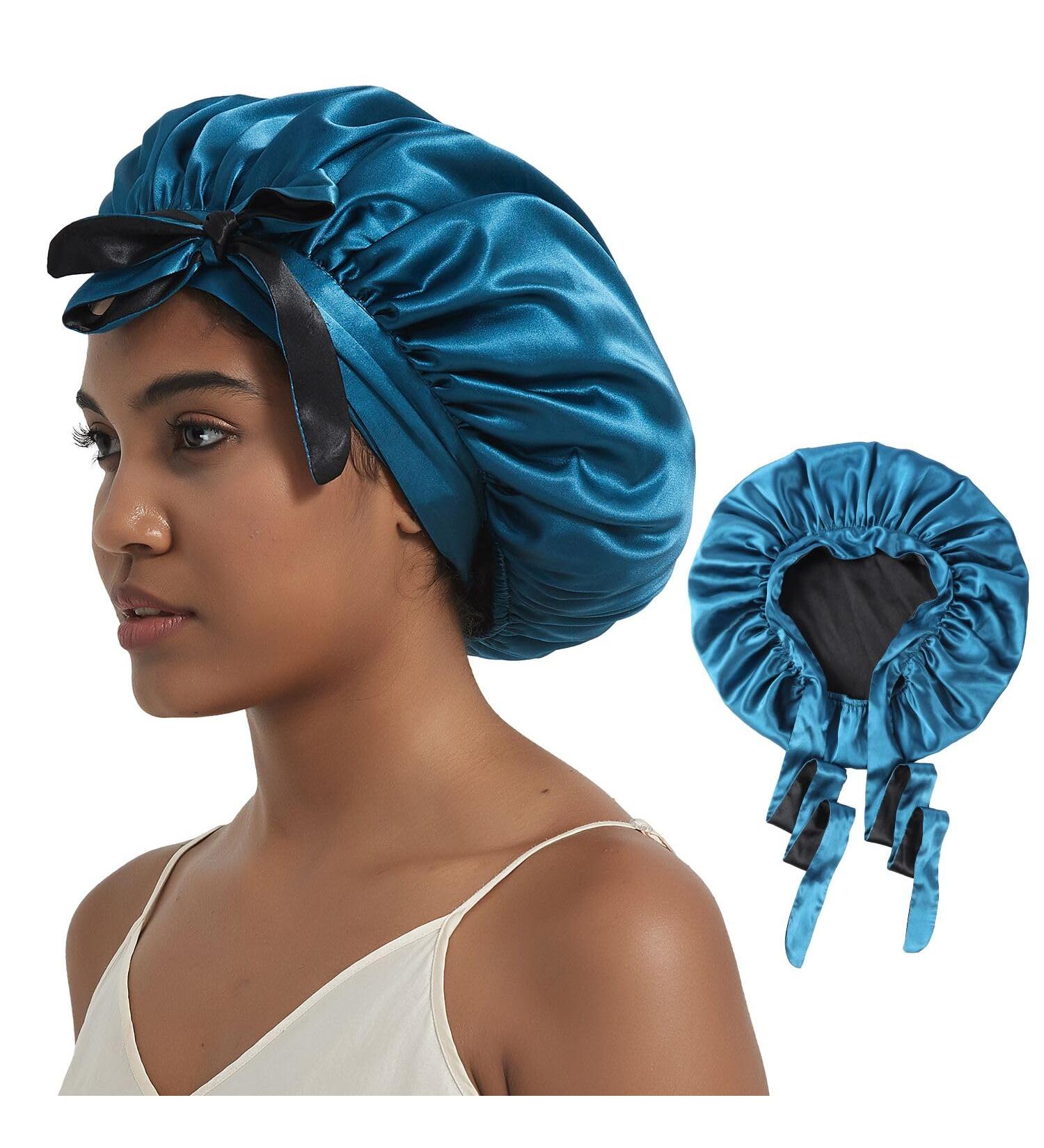 Silk Satin Bonnet for Curly Hair | Double Layer Reversible Cap for Women | Blue Sleeping Bonnet - Buy Online on GoSupps.com