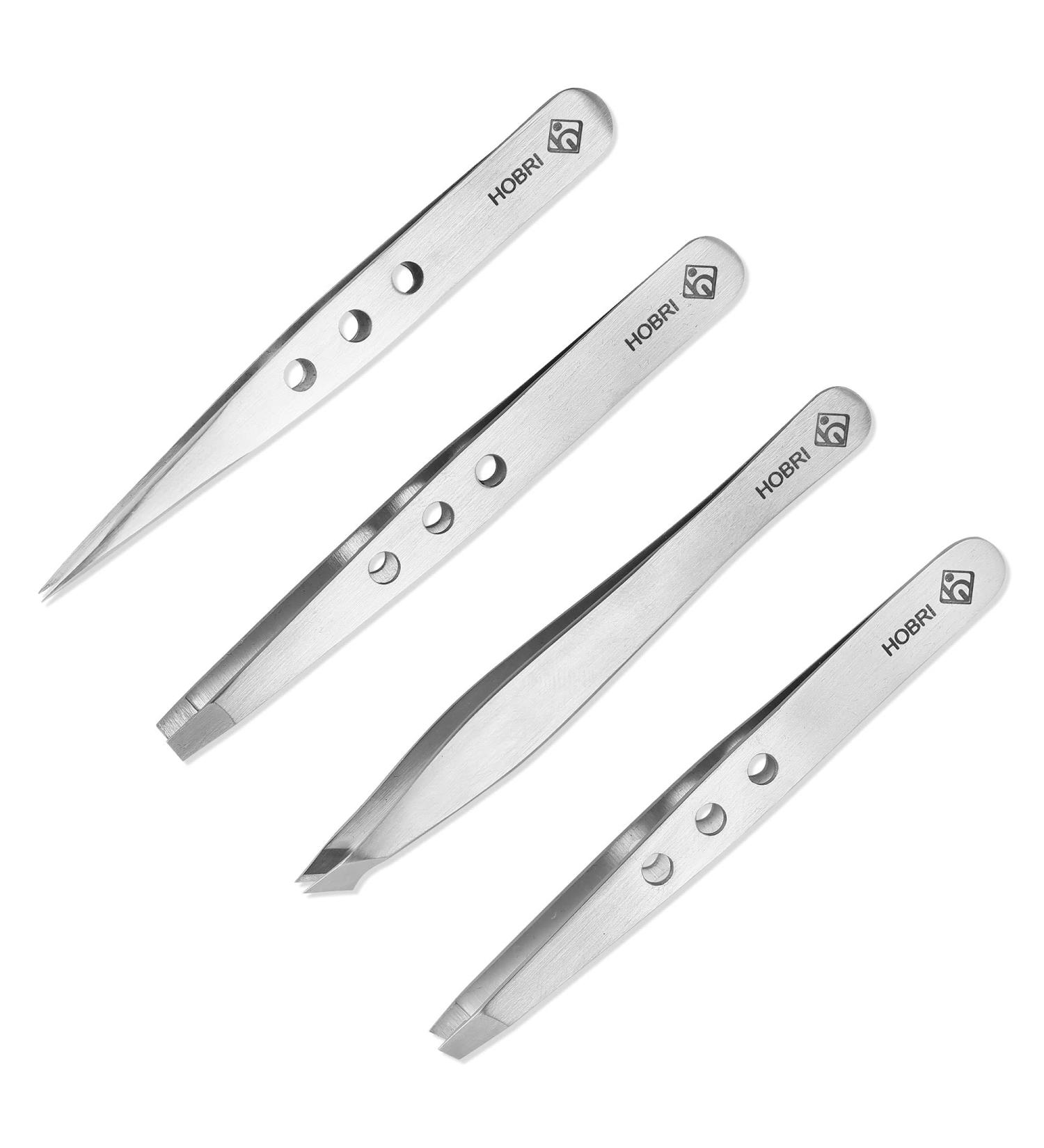Professional Stainless Steel Eyebrow Tweezers Set - 4 Pieces with Travel Case by Hobri International - Perfect Beauty and Personal Care Tool - Buy Online on GoSupps.com
