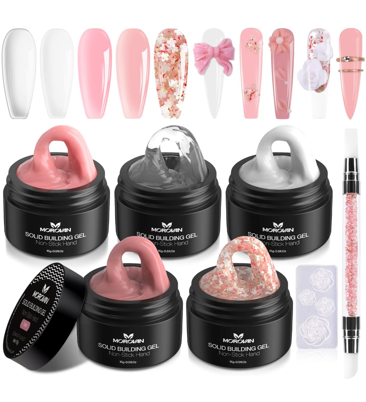 Morovan Solid Nail Gel Kit - 5 Colors Sculpture Builder Gel for Salon-Quality Nail Extensions, Non-Sticky & Easy to Mold with 3D Silicone Pen - Ideal for Home & Professional Use - Buy Online on GoSupps.com