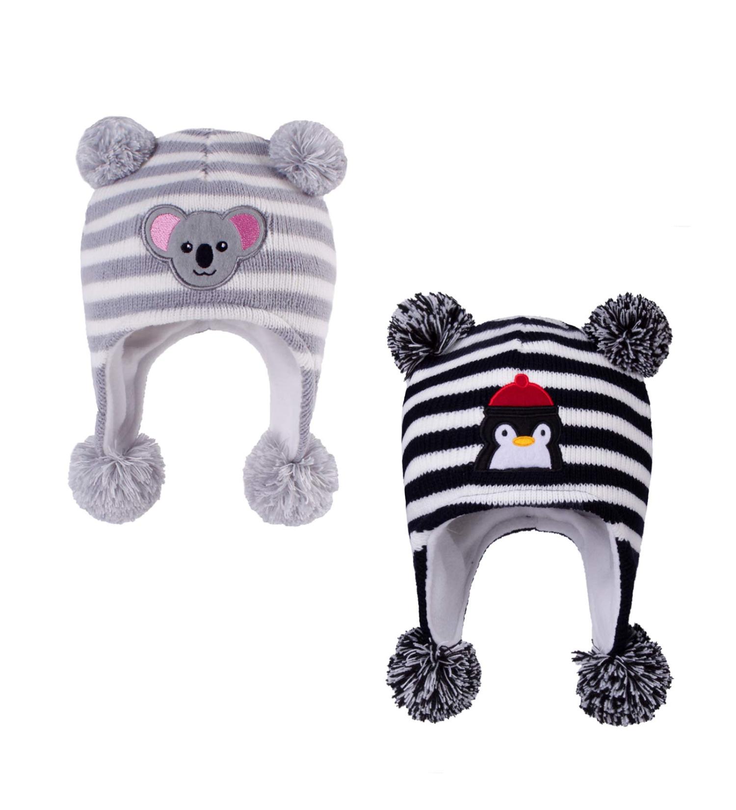 LANGZHEN Toddler Winter Hat with Earflap and Fleece Lining for Baby Boys Girls 2-4 Years - Penguin and Koala Design - Black and Grey Stripe - Buy Online on GoSupps.com