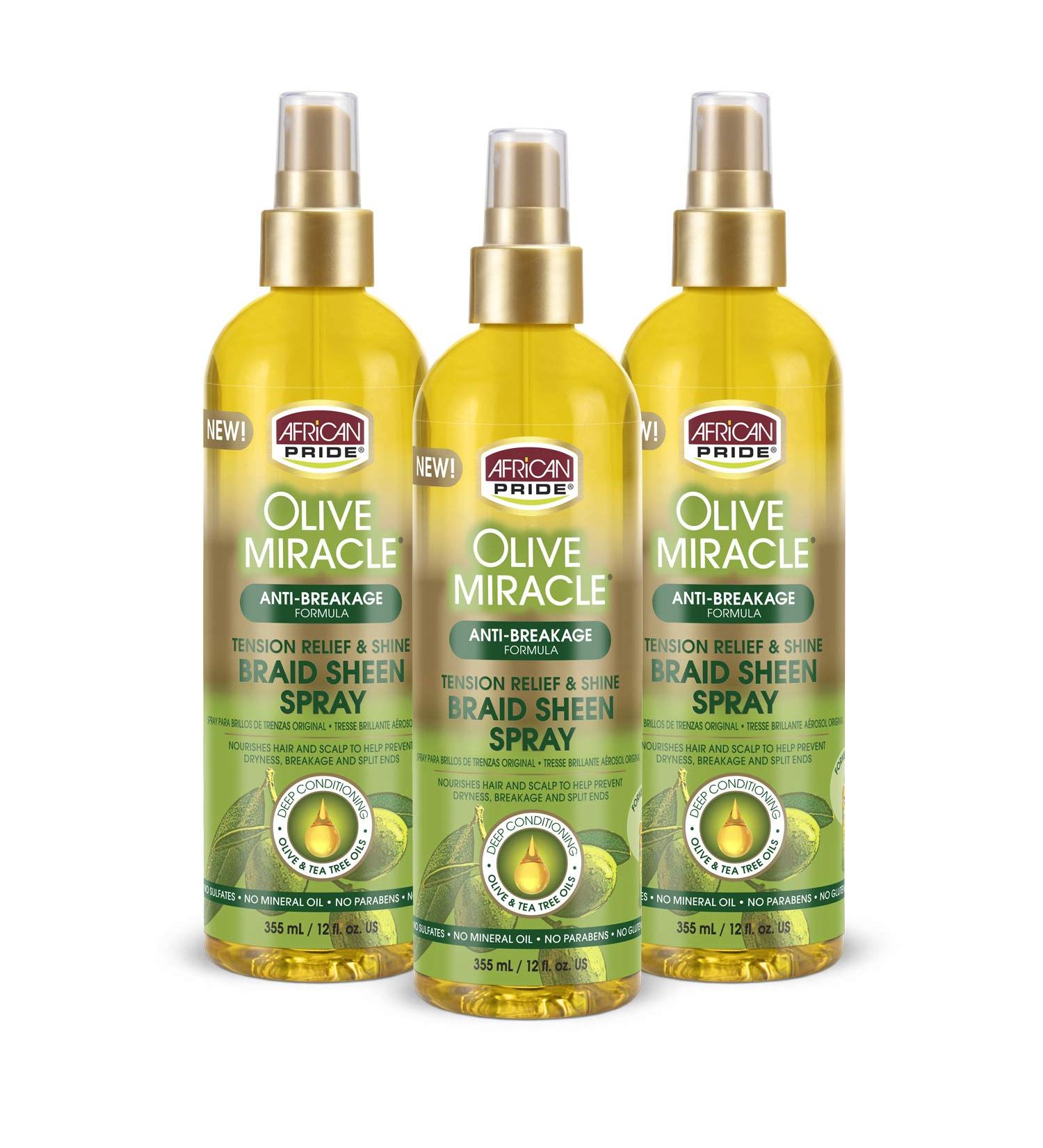 African Pride Olive Miracle Braid Sheen Spray (3 Pack) with tea tree oil and olive oil to protect and moisturize scalp and hair.12oz. 12 Fl Oz (Pack of 3) - Buy Online on GoSupps.com