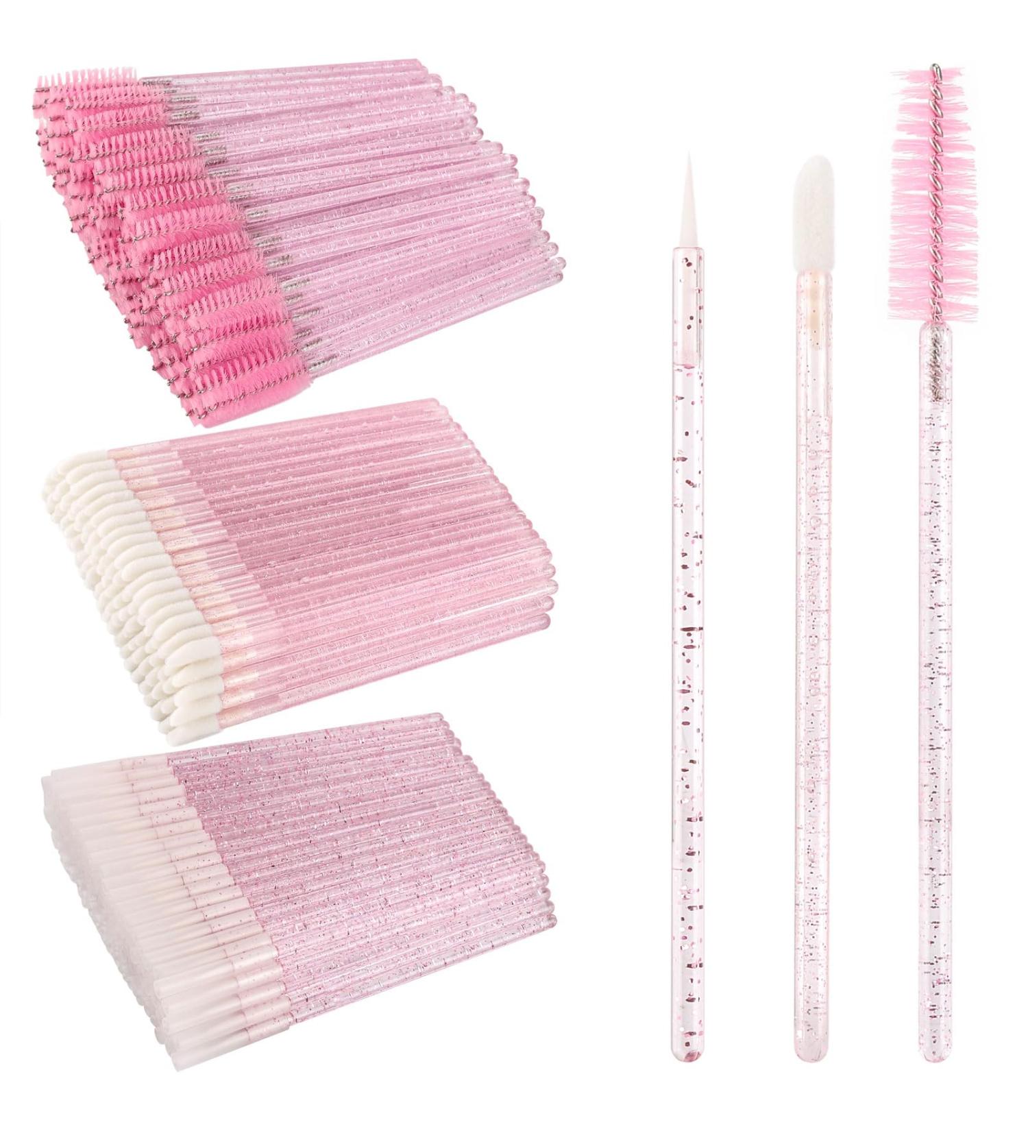 300pcs Eyelash Extension Supplies Kit | 100 Disposable Mascara Wands Lip & Eyeliner Brushes | Crystal Pink - Buy Online on GoSupps.com