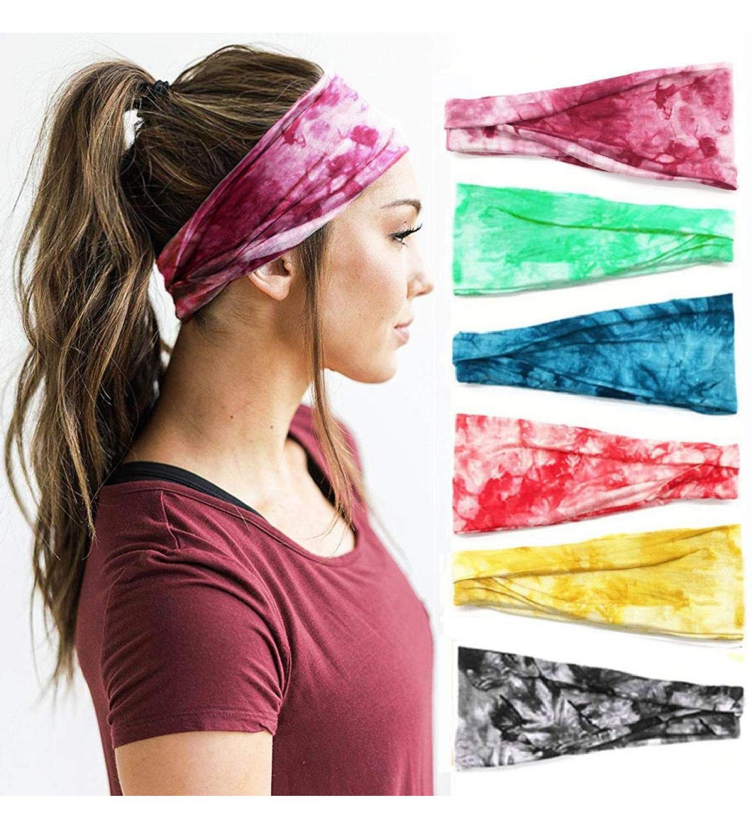 Huachi Women's Tie Dye Headbands Set for Yoga Workout - Pack of 8 Sweat Wicking Hair Bands - Buy Online on GoSupps.com