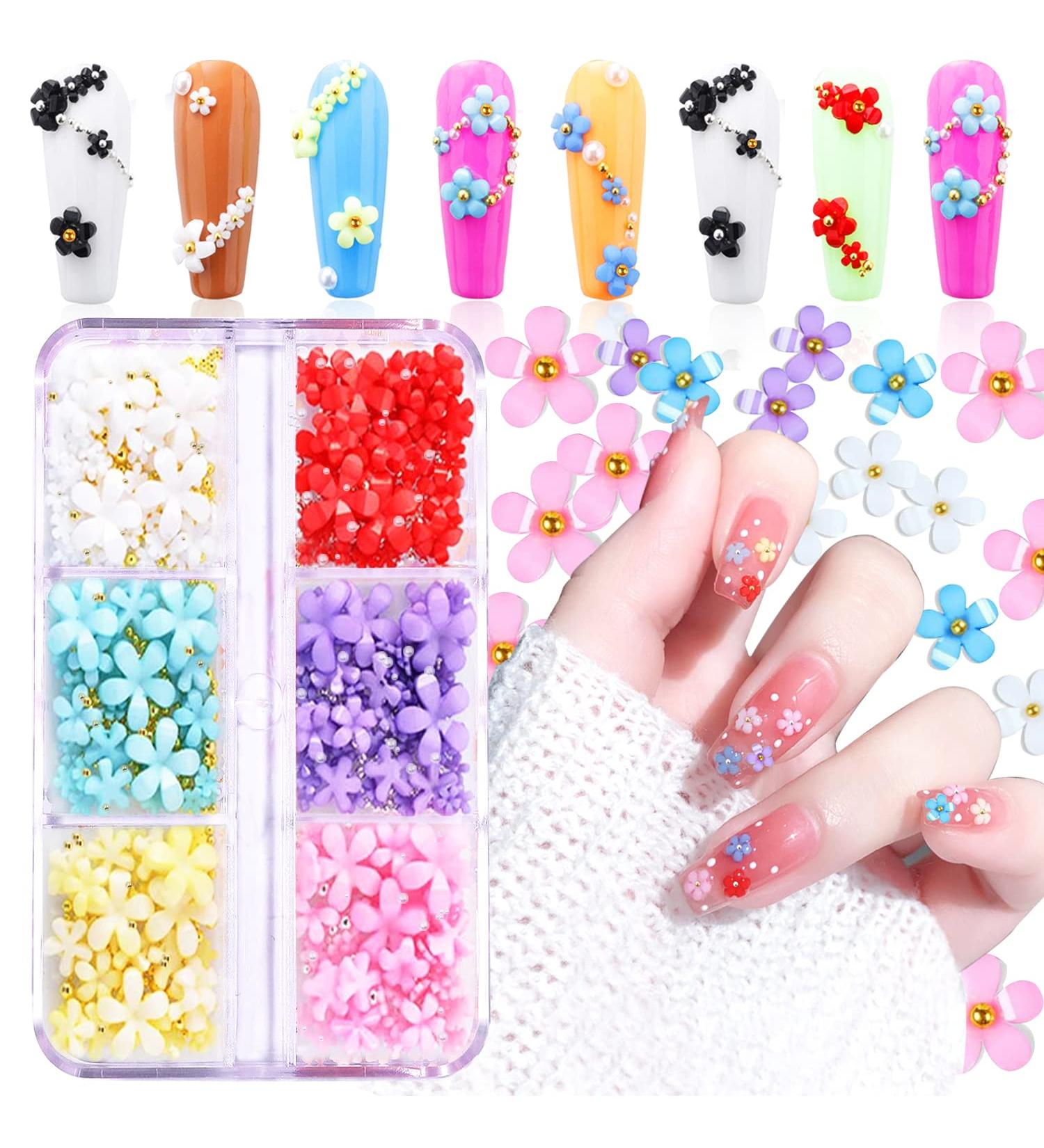 3D Flower Nail Charms 6 Grids Rhinestones for Acrylic Nails - Floral Nail Art Charms with Gold Silver Beads - DIY Nail Decorations - Buy Online on GoSupps.com