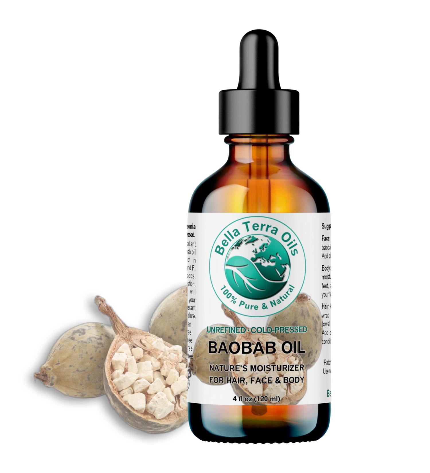 Bella Terra Oils - Baobab Oil 4 oz - Dive into The Essence of African Treasure Abundant in Antioxidants Best for Achieving a Silky Skin Glow 4 Fl Oz (Pack of 1) - Buy Online on GoSupps.com