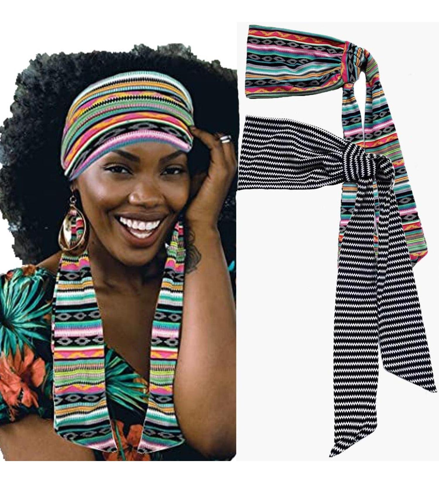 Boho Tie Black Elastic Hair Bands for Women & Girls | Slipproof Striped Yoga Accessories (2 Pack) - Buy Online on GoSupps.com