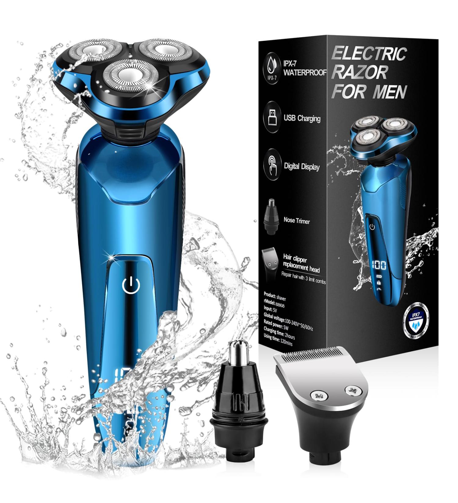 2024 Electric Shavers for Men - Waterproof Cordless Rechargeable 3D Rotary Razors | Best Gifts for Husband Dad & Boyfriend - Bright Blue - Buy Online on GoSupps.com