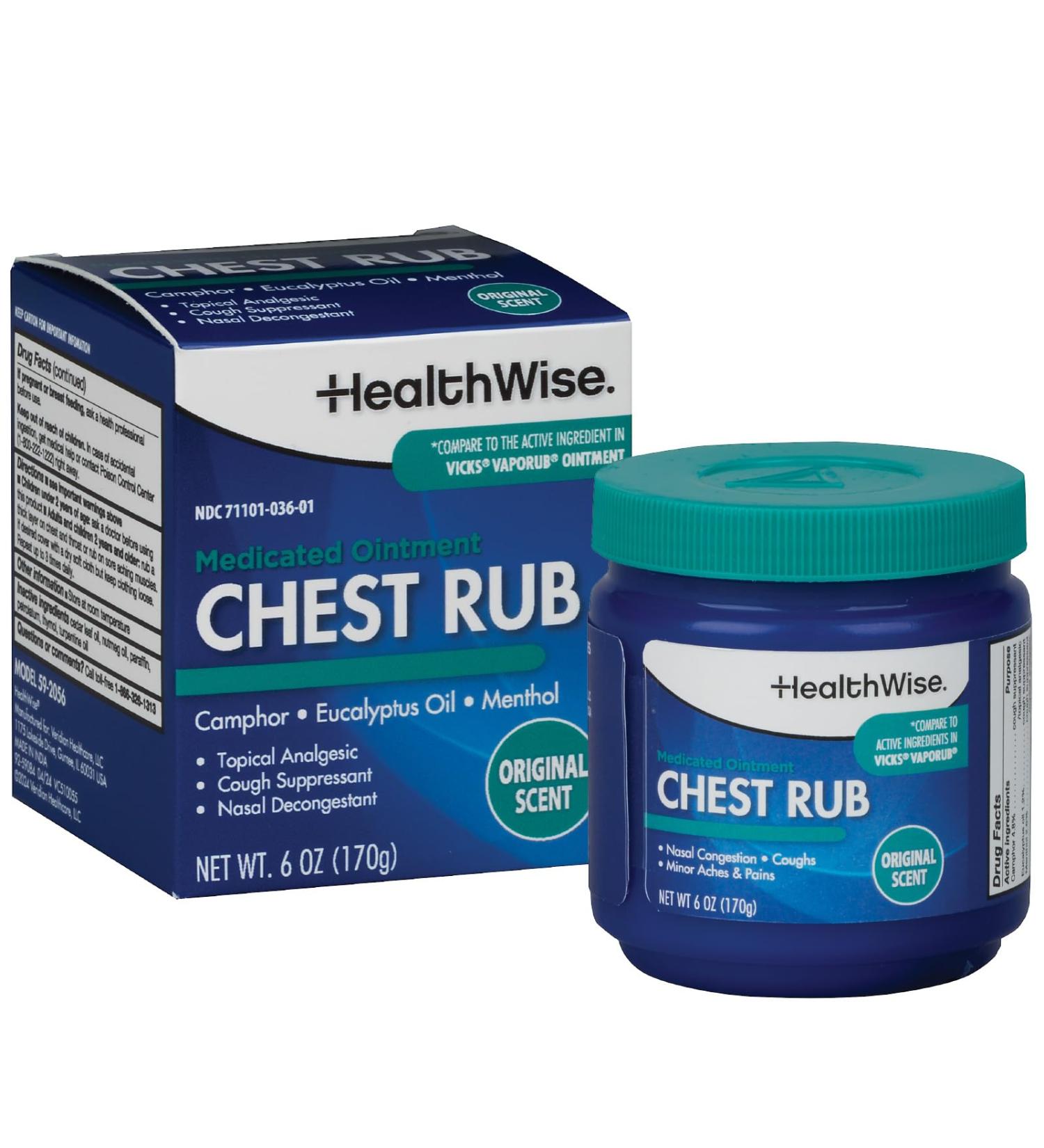 HealthWise Medicated Chest Rub | Cough suppressant | Relieves Nasal Congestion | Relieves Minor Aches and Pains | 6 oz. Jar | Eucalyptus Menthol + Camphor - Buy Online on GoSupps.com