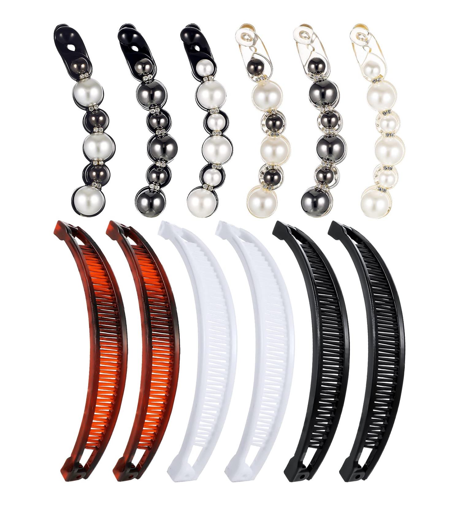 Faux Pearl Banana Hair Clips for Women - 12 Pieces Rhinestone Ponytail Holders & Grips for Thick Long Hair - Buy Online on GoSupps.com