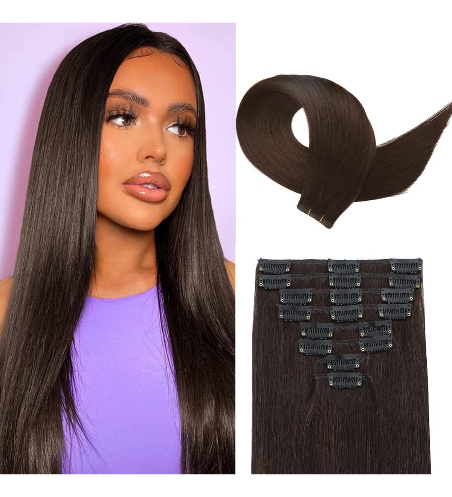 16 2 Dark Brown Clip in Hair Extensions - 100% Brazilian Virgin Human Hair - Buy Online on GoSupps.com