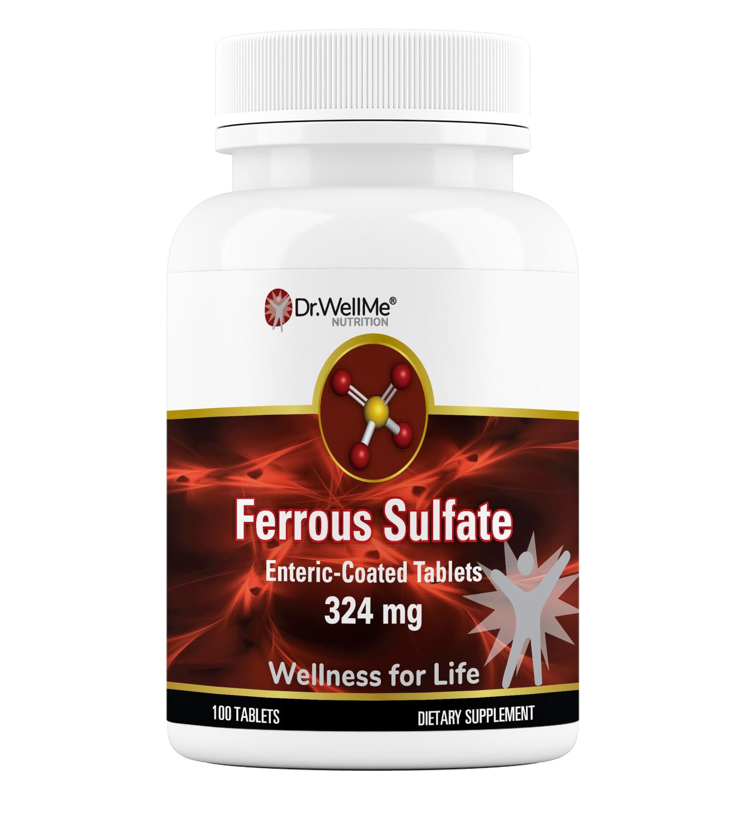 Dr WellMe Nutrition Ferrous Sulfate Enteric-Coated Tablets - Wellness for Life Dietary Supplement 100 Tablets - 324 mg