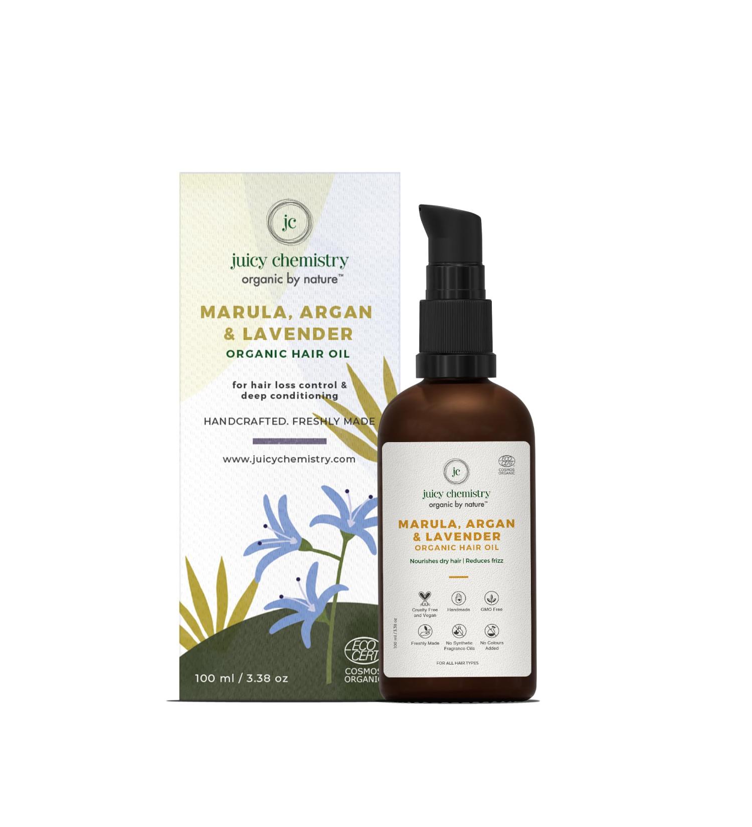 Juicy Chemistry Marula Argan Lavender Hair Oil 100 ml | Organic Hair Oil for Hair Fall Control & Deep Conditioning | Ecocert Certified Organic for Dry & Frizzy Hair | Cruelty-free & 100% Vegan - Buy Online on GoSupps.com