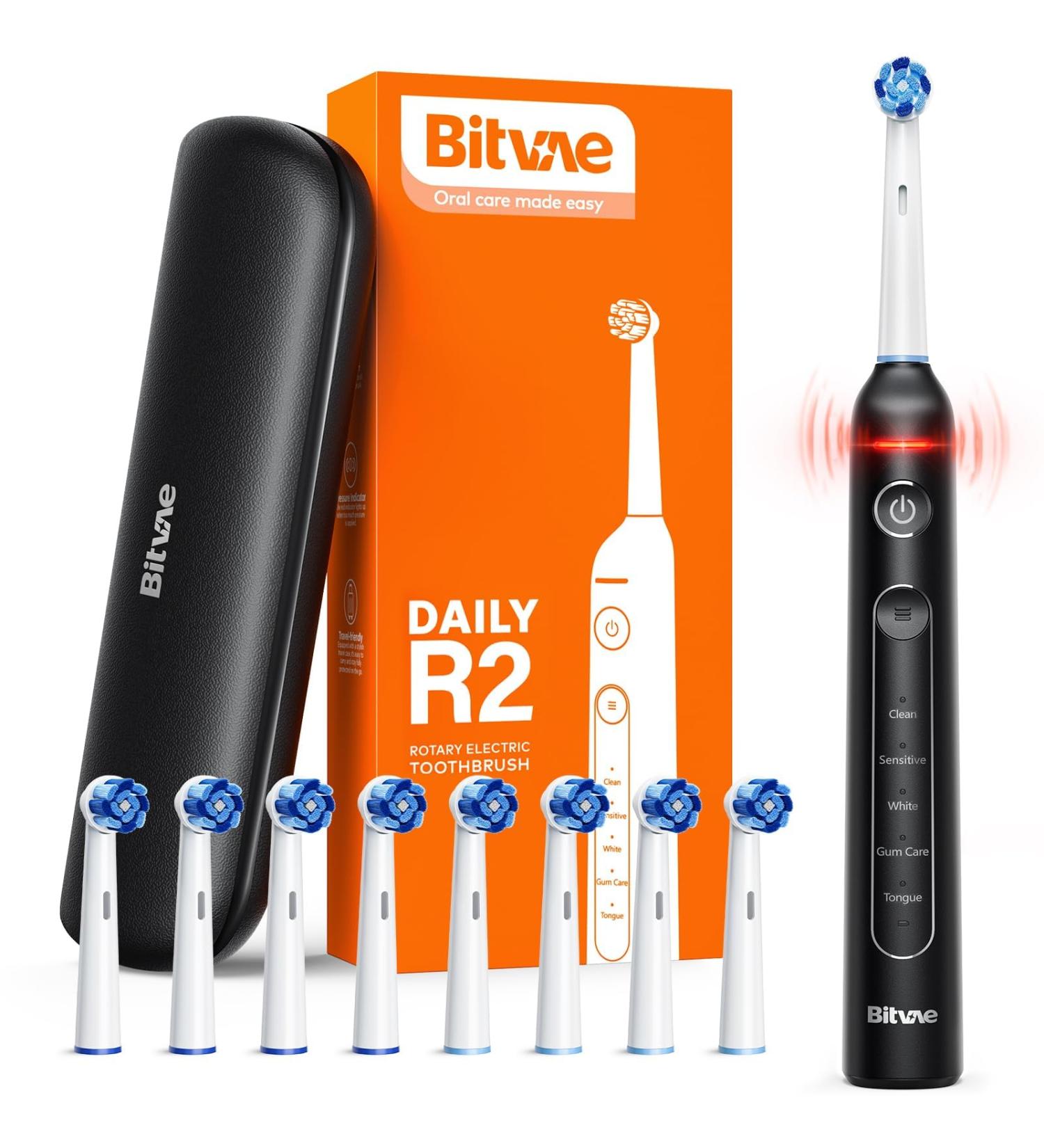 Bitvae R2 Rotating Electric Toothbrush for Adults with 8 Brush Heads Travel Case 5 Modes Rechargeable Power Toothbrush with Pressure Sensor 3 Hours Fast Charge for 30 Days Black Black 1 Pack - Buy Online on GoSupps.com
