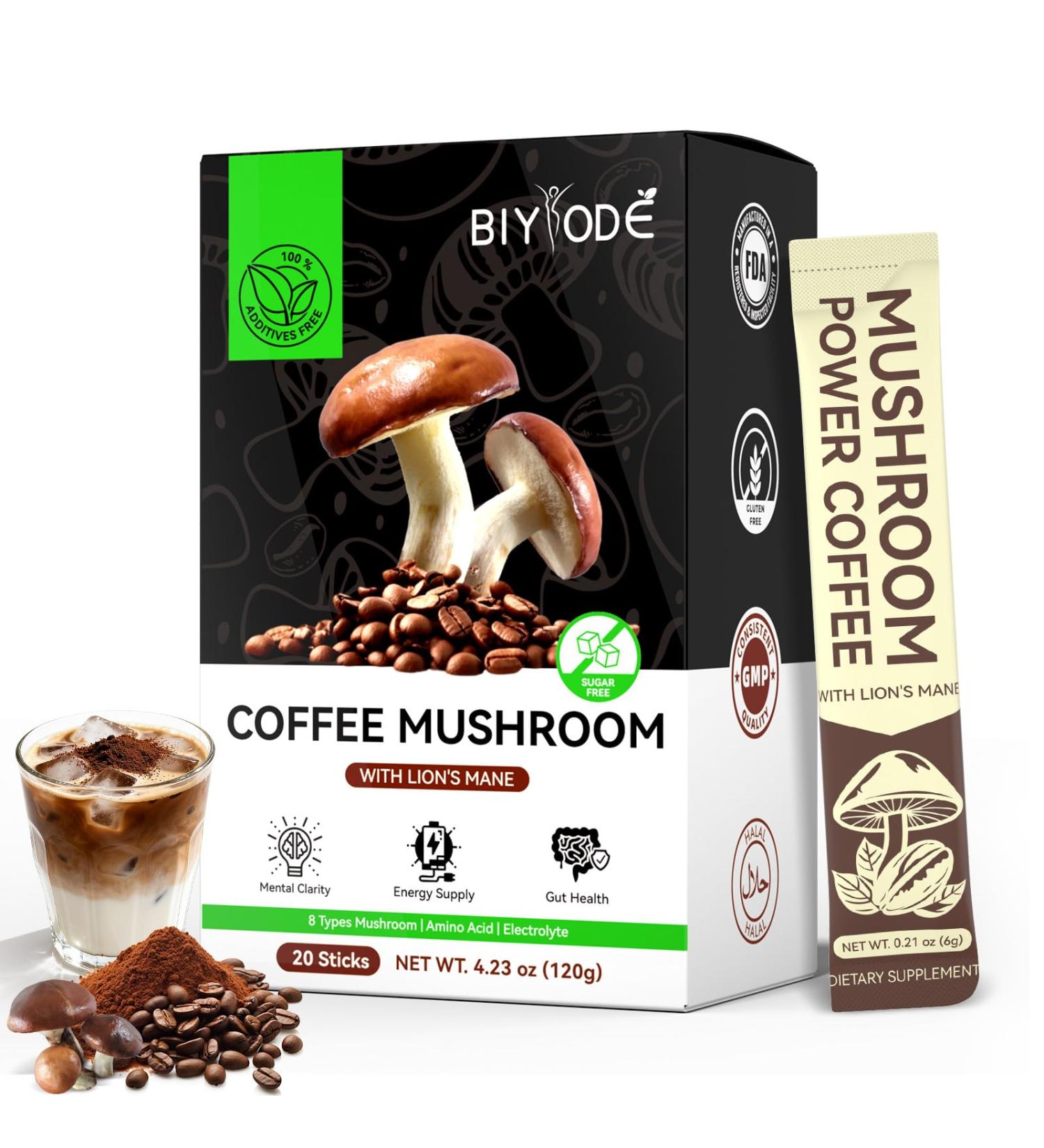 BIYODE Mushroom Coffee Instant Powder: with Lions Mane 8 Functional Mushrooms for Sustained Energy Mental Focus Gut Health Support Organic Blend 20 Stick Packs - Buy Online on GoSupps.com