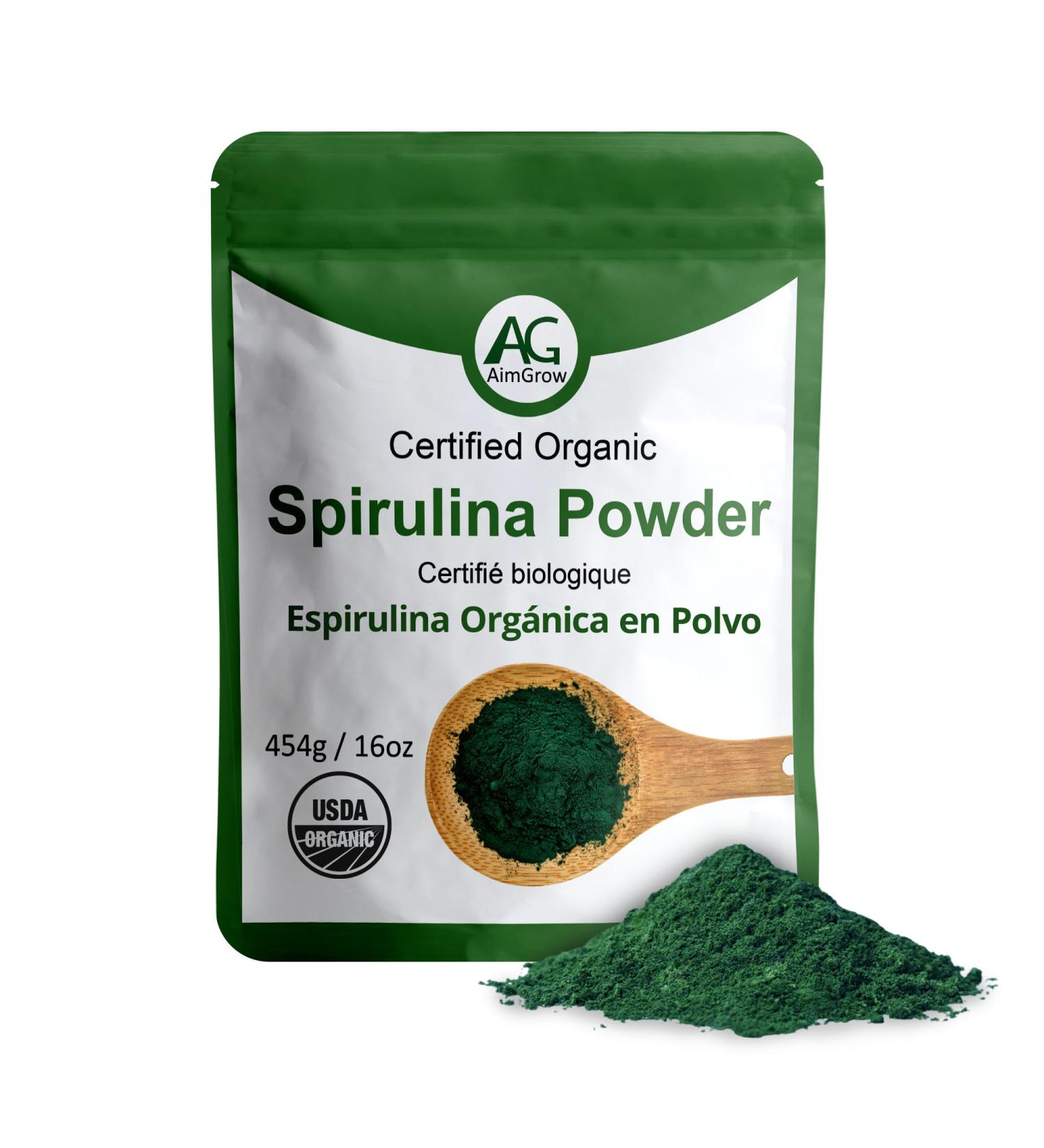 Aimgrow Organic Spirulina Powder Protein-Rich Spirulina for Eye Skin and Immune Health Canada Organic Non-GMO and Gluten-Free 454 Grams - Buy Online on GoSupps.com