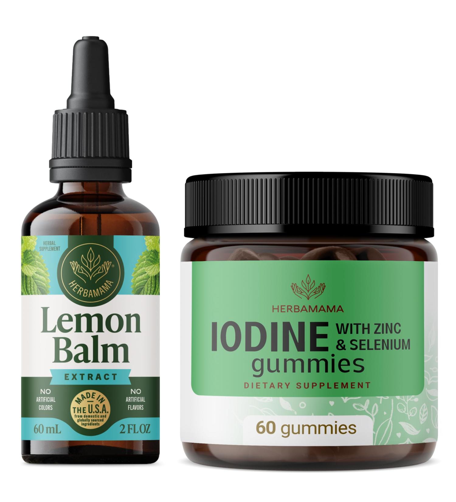 HERBAMAMA Lemon Balm and Iodine Kit - Bundle of Lemon Balm Tincture 2 Fl Oz & Potassium Iodine Gummies 60 - Vegan Non-GMO Alcohol & Gelatin-Free - 2 Pack - Buy Online on GoSupps.com